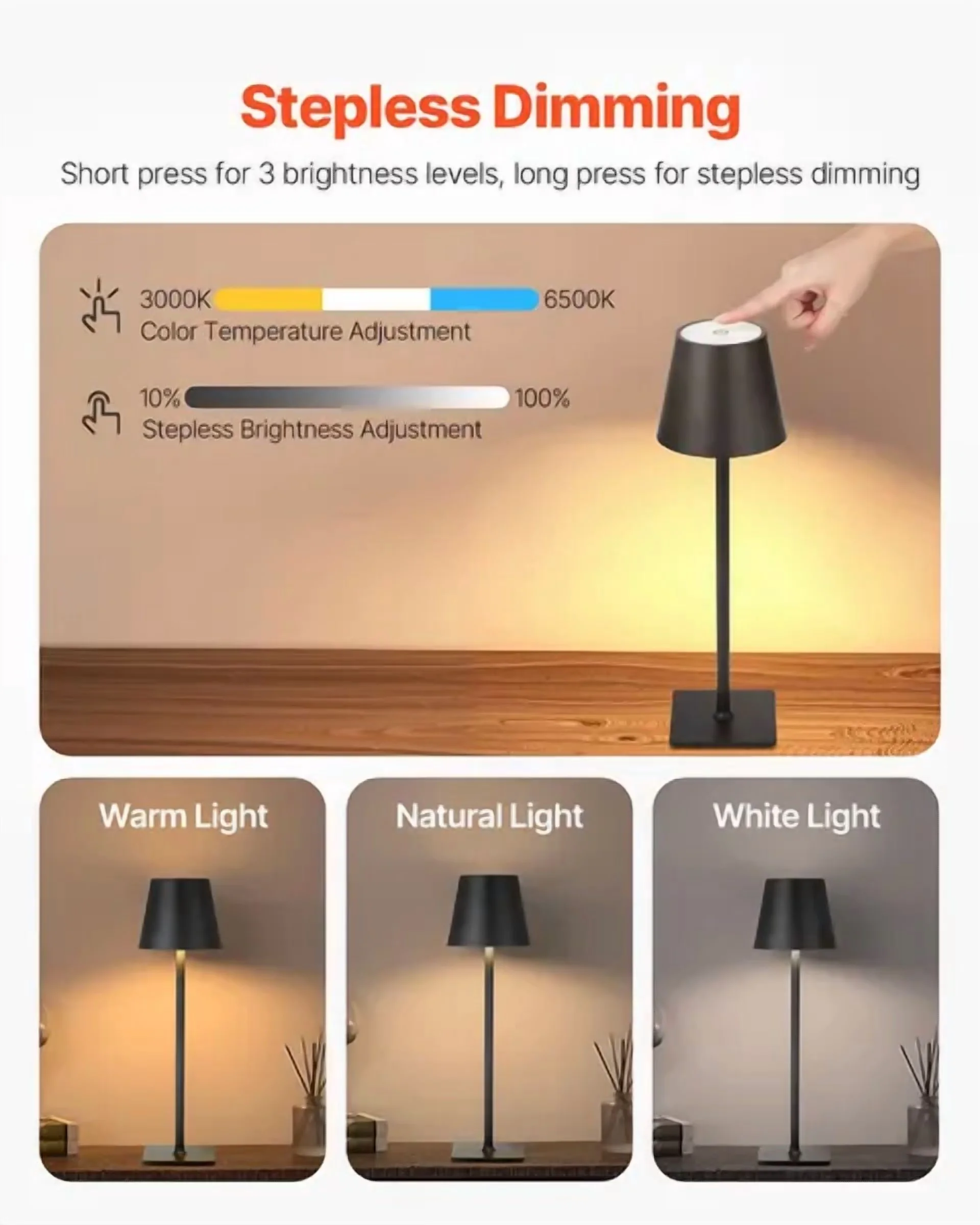 Durable Lamp Set with Battery, Adjustable Height, Cordless Table of 2 - Black Metal Model 1A409D