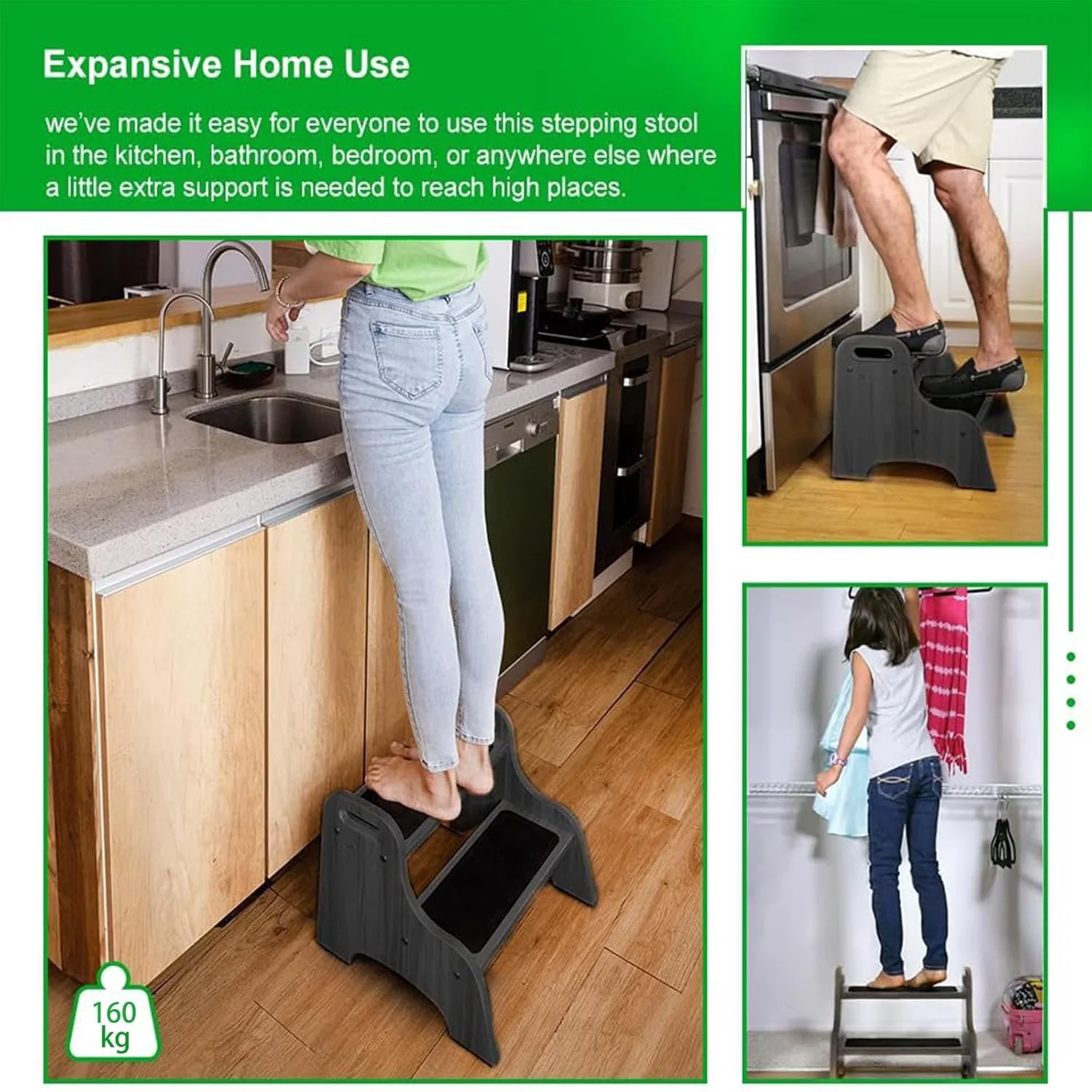 Ladders And Step Stool Compact with Anti-Slip, Wood 2 - Black Wood - Sleek Profile Model F62707