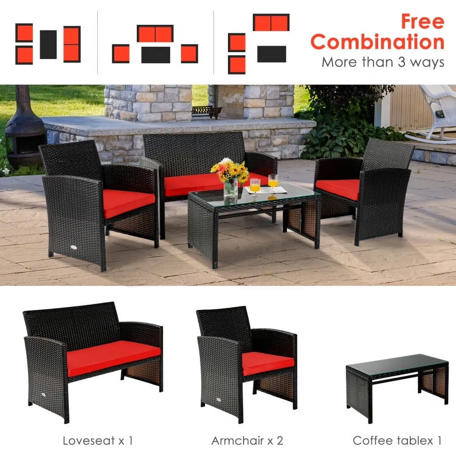Patio Dining Set Innovative with Waterproof, Coffee Table Cushioned Sofa - Rattan + Polyester + Tempered Glass Red Model C1E5A5