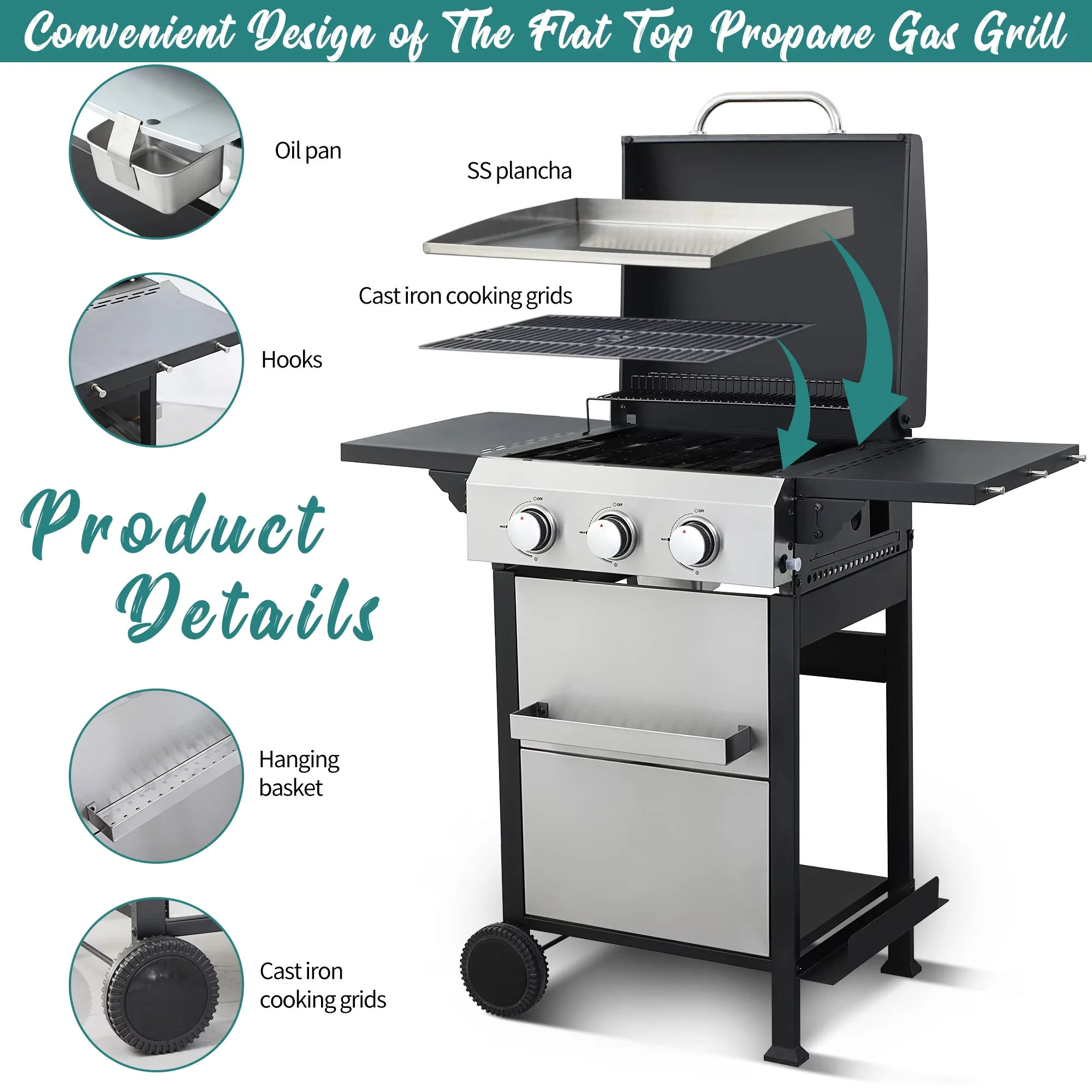 Flat Top Grill Innovative with 36900 BTU, Rust Resistant, Storage Rack - Stainless Steel Silver Model 61392D