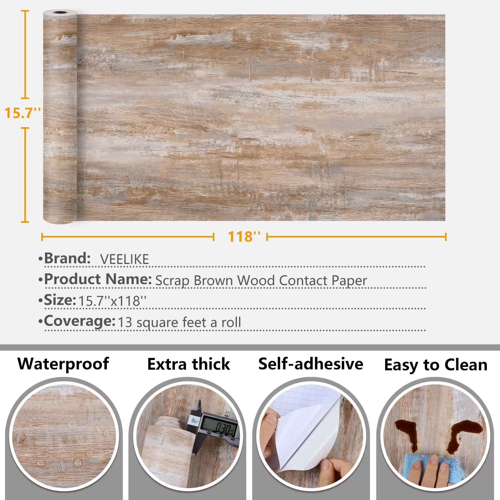 Wallpaper Wall Decals Wall Covering Essential with Waterproof, Grunge Wood Contact Paper - Brown Vinyl Model EC45A5