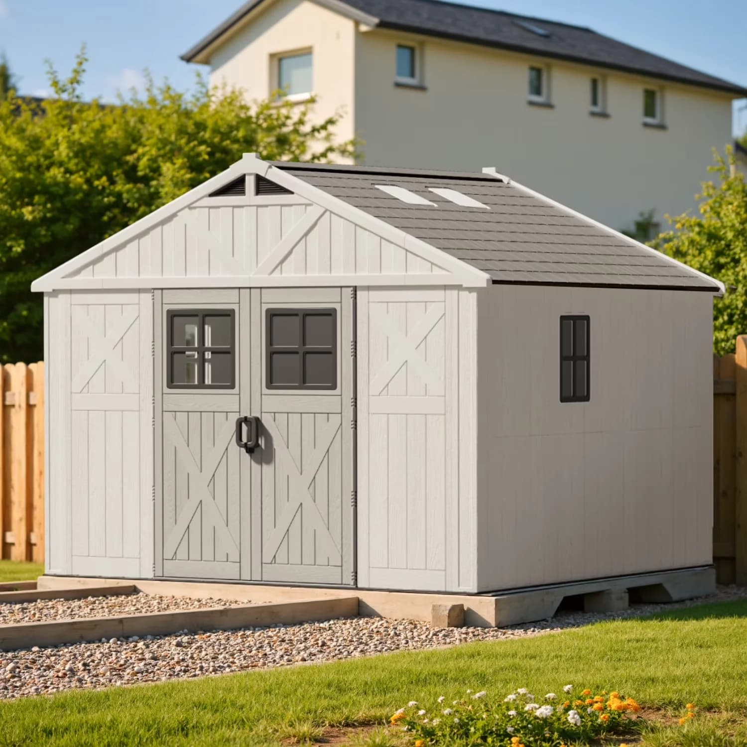 Classic Shed with Compatible With Padlock, Lockable Door, Mildew Resistant - Resin Beige Model 400EA6