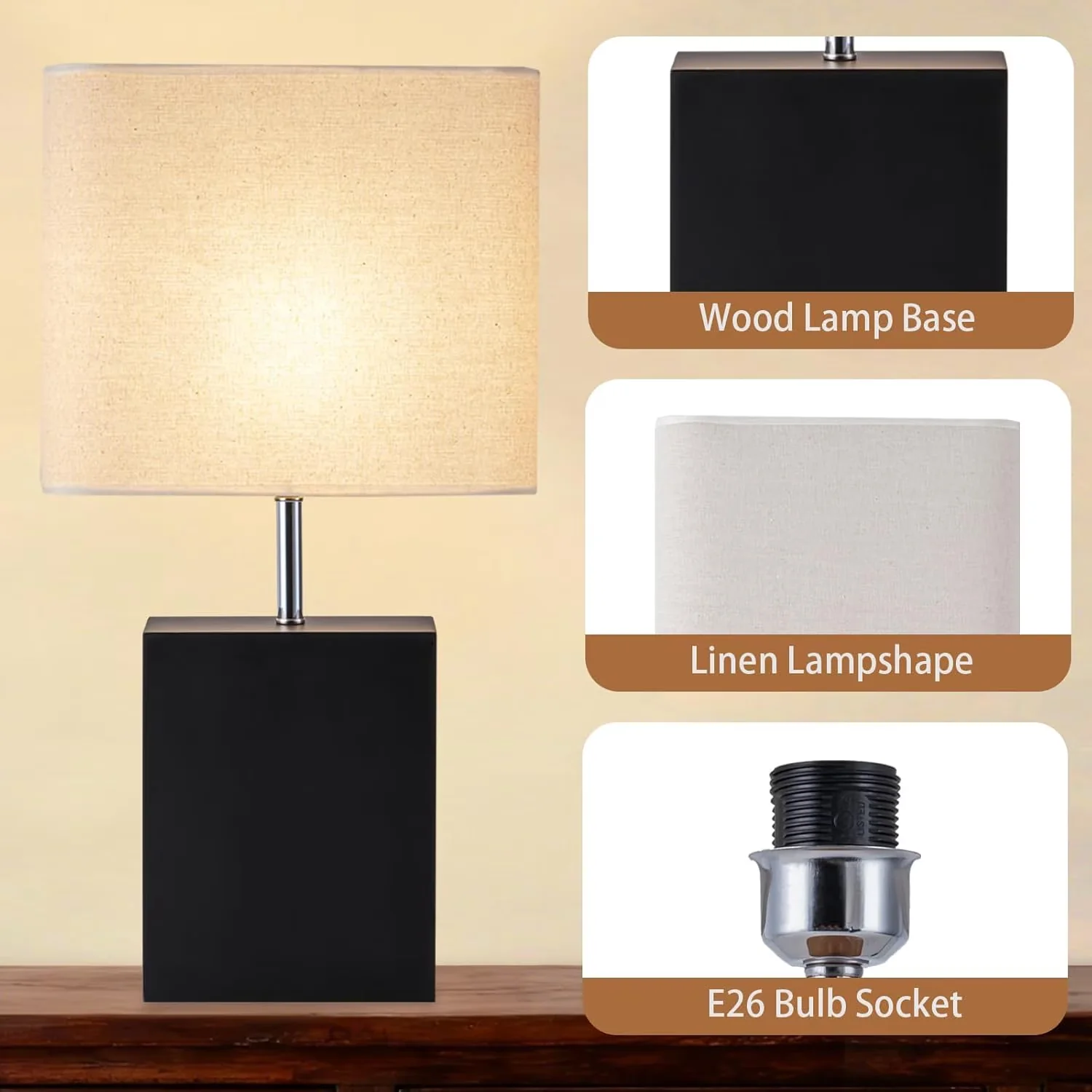 Sleek Lamp Set with High Output, 23" Wood Table of 2 - Beige for Living Room, Bedroom Model 414493