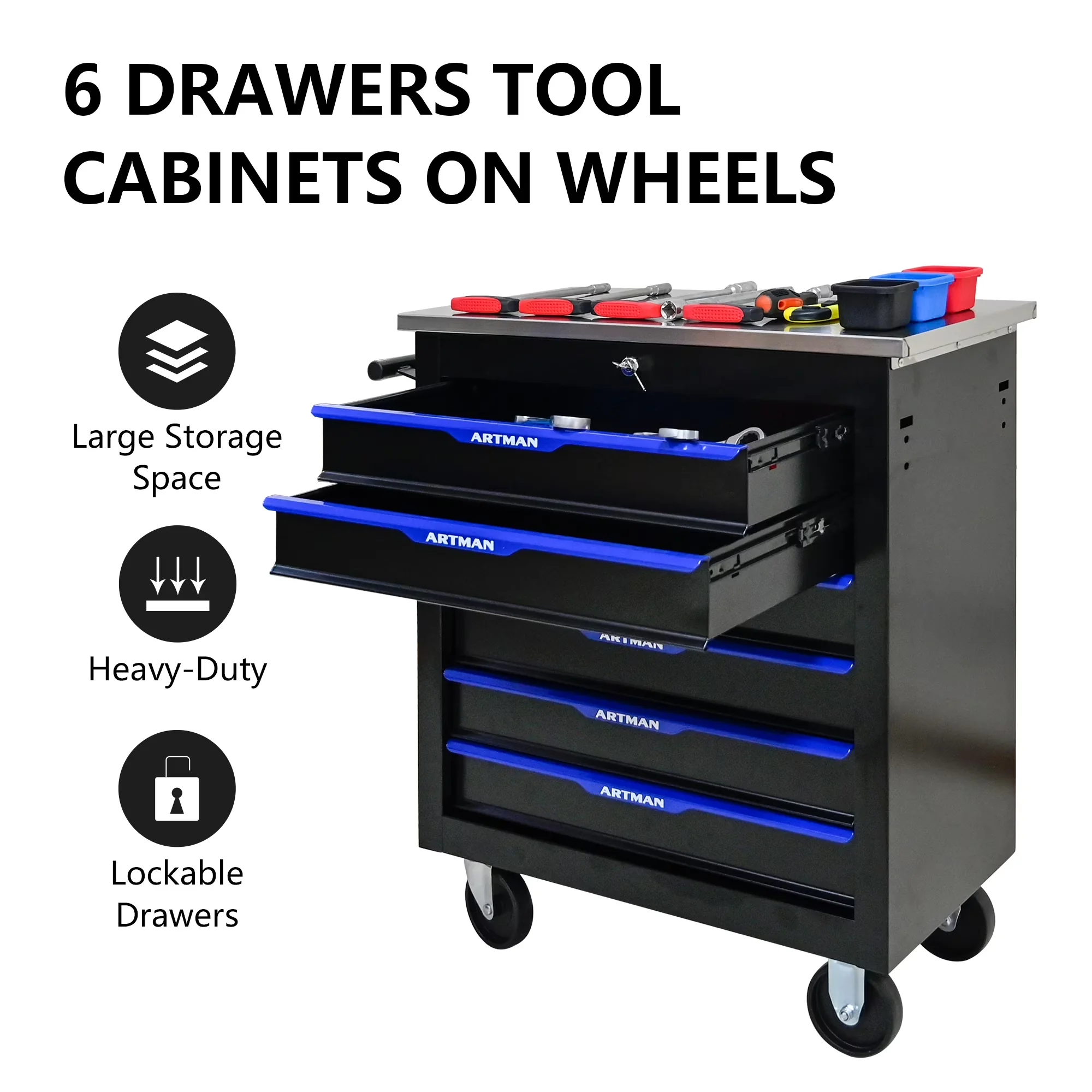 Essential Toolstorage with Rolling, Storage, 6-Drawer Tool Storage Chest - Blue Steel Model 01A76C