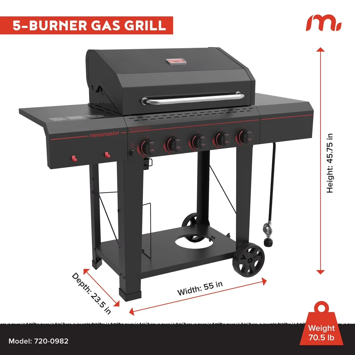 Gas Grill Essential with 5-Burner Propane, 656 SQ. In. Cooking Space, Accessory Hooks - Red Steel Model 785281