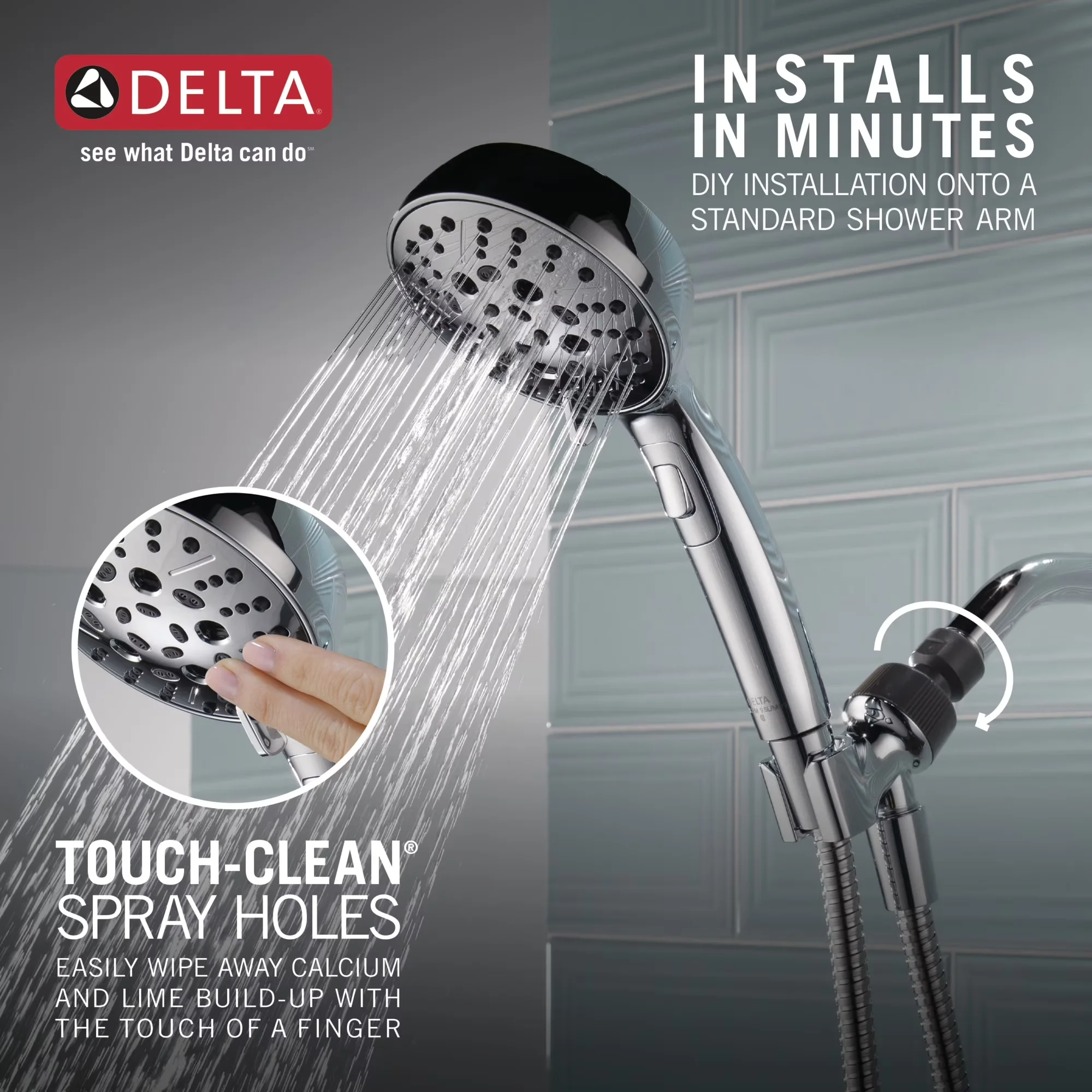 Shower Head Sleek with Installs in minutes, H2Okinetic® 6-Setting Hand - Silver Abs - Plastic Model 82FB07