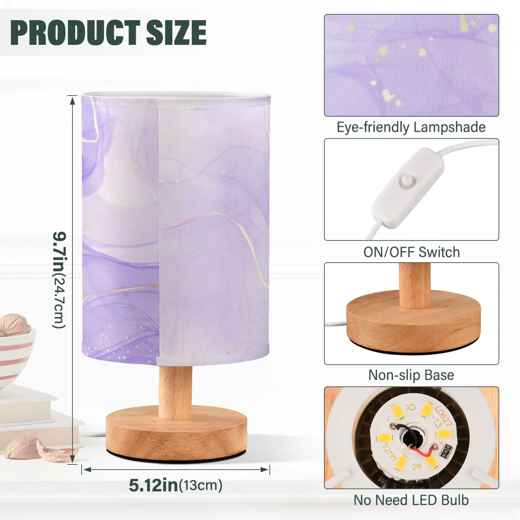 Stylish Table Lamp with LED, Bedside Lamps, Usb Port - Solid Wood Purple Model A9014C
