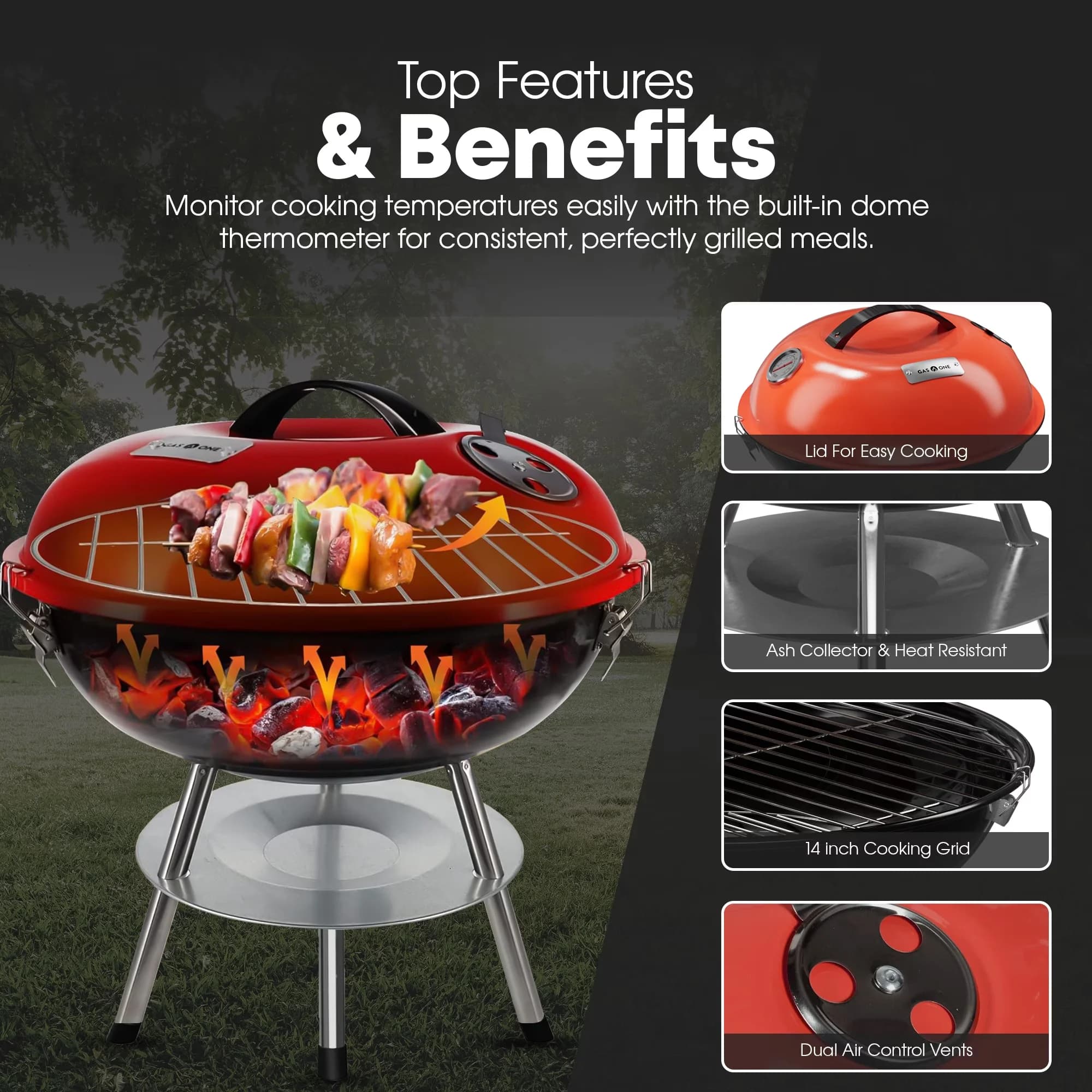 Stylish Combo Grill with Portable - Metal Red 14 in for Multiple Applications Model 97CF50