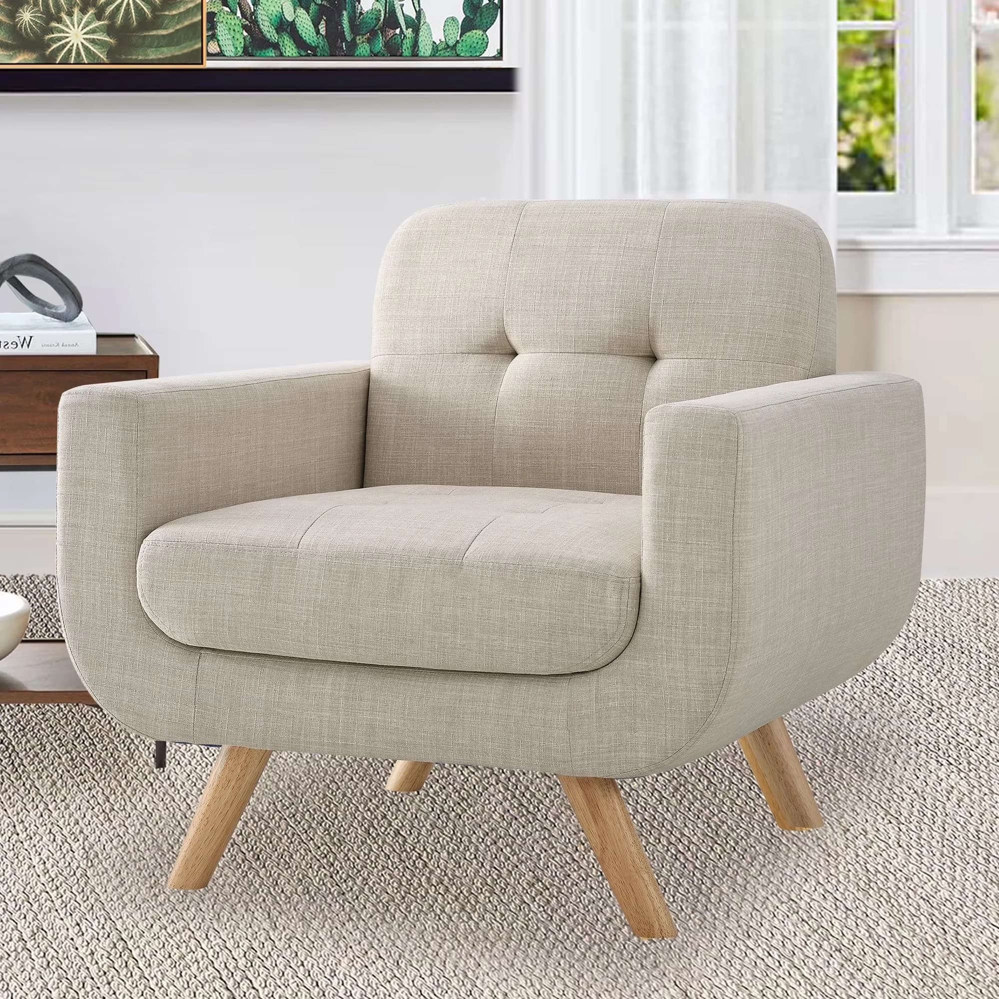 Compact Patio Chair with Nailhead Trim, Tufted - Wood Beige for Living Room Model 9C770D