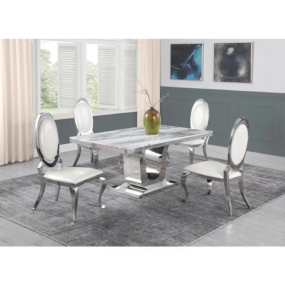 Reliable Patio Dining Set with Stainless Steel U-Base, Stainless Steel Chairs - Marble White Model 91A755