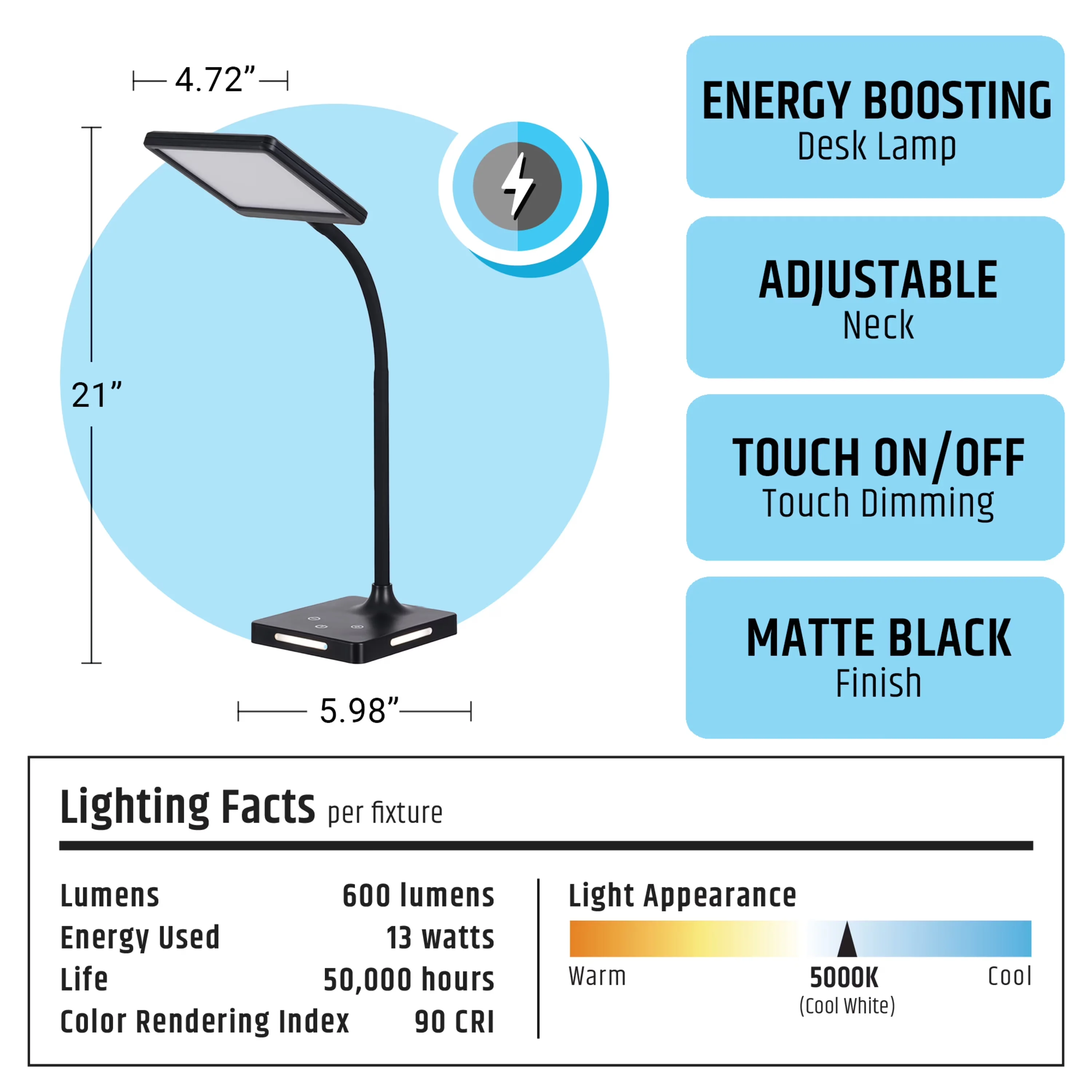 Innovative Desk Lamp with LED, Modern, Black Finish - Plastic Black Wellness Model FFFBB1