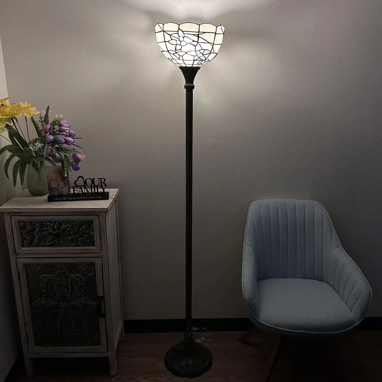 Innovative Floor Lamp with LED, Traditional, Stained glass shade - White Resin, Glass, Metal for Dining Room, Living Room Model 8383AE