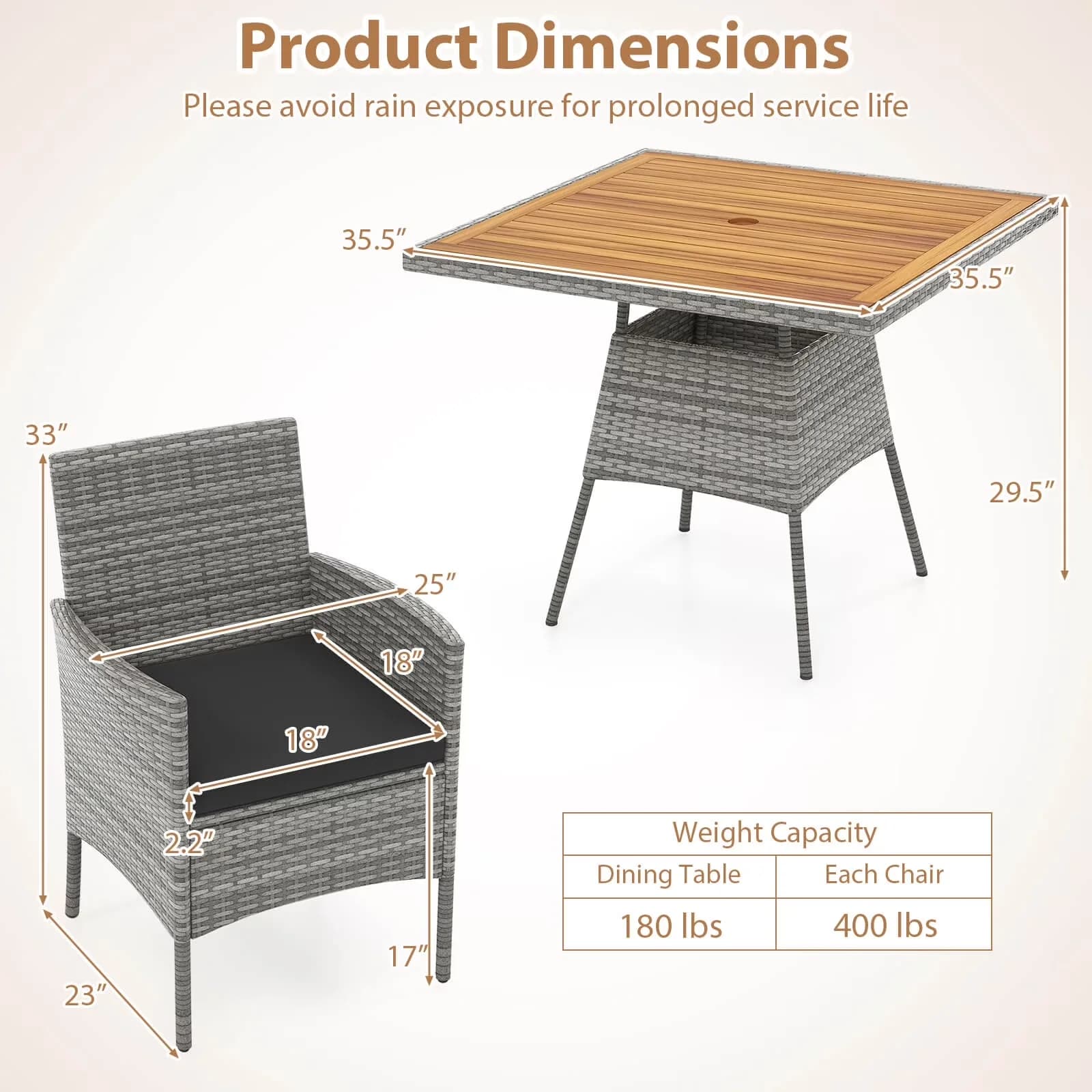 Stylish Patio Dining Set with 5 Pieces PE Wicker, Cushions and 1.97" Umbrella Hole - Pe Rattan, Acacia Wood, Metal, Polyester, Sponge... Model 761788