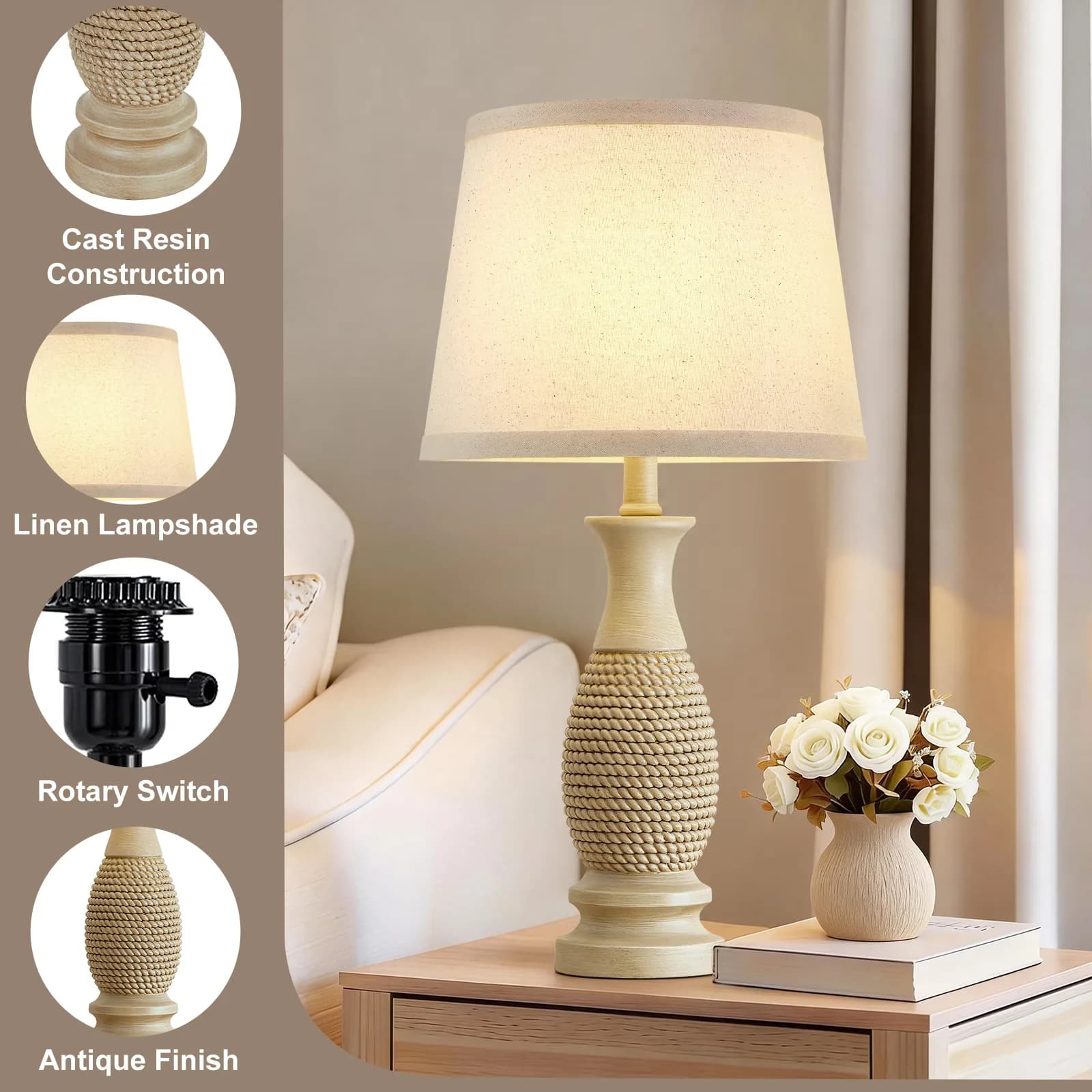 Modern Lamp Set with LED, Modern, Energy Efficient - Linen, Metal, Resin Beige for Living Room, Bedroom Model 256251