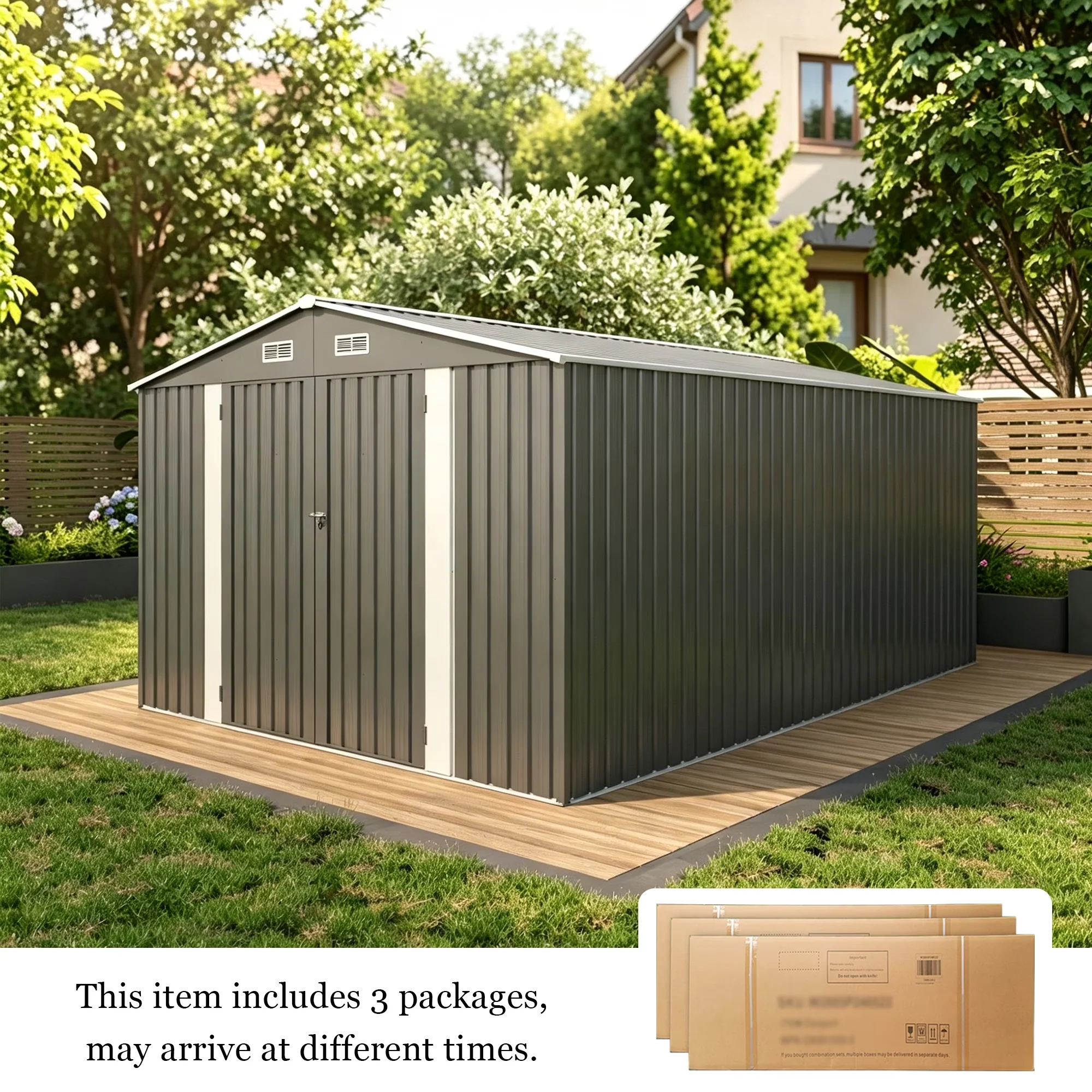 Compact Shed with Rot Resistant, Lockable Door, 10x14FT Metal Outdoor Storage - Gray Metal Model 0FF460