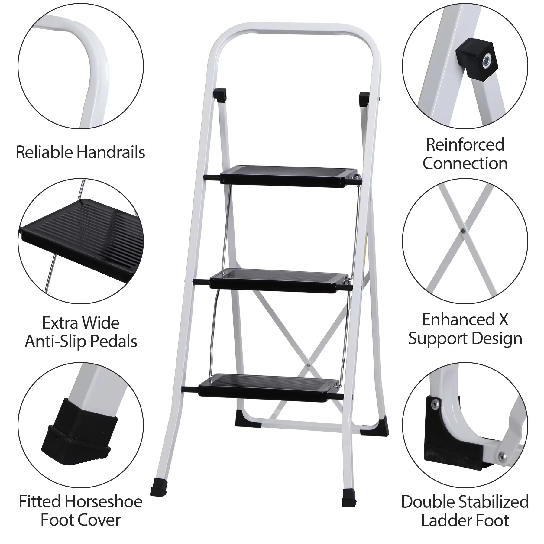 Compact Ladders And Step Stool with White, 3-Step Ladder Folding Steel, Handgrip - Steel White Model C86169
