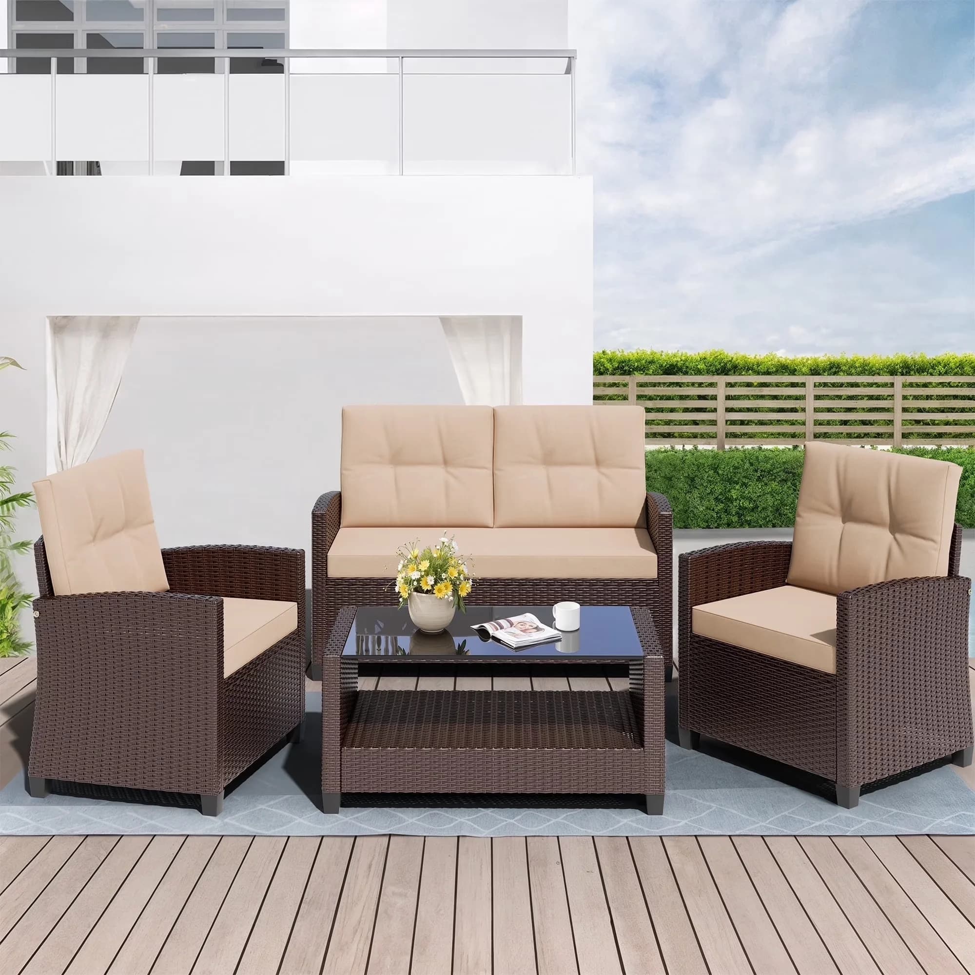 Durable Patio Dining Set with Cushion Table - Khaki Steel for Garden Pieces Model 70298C