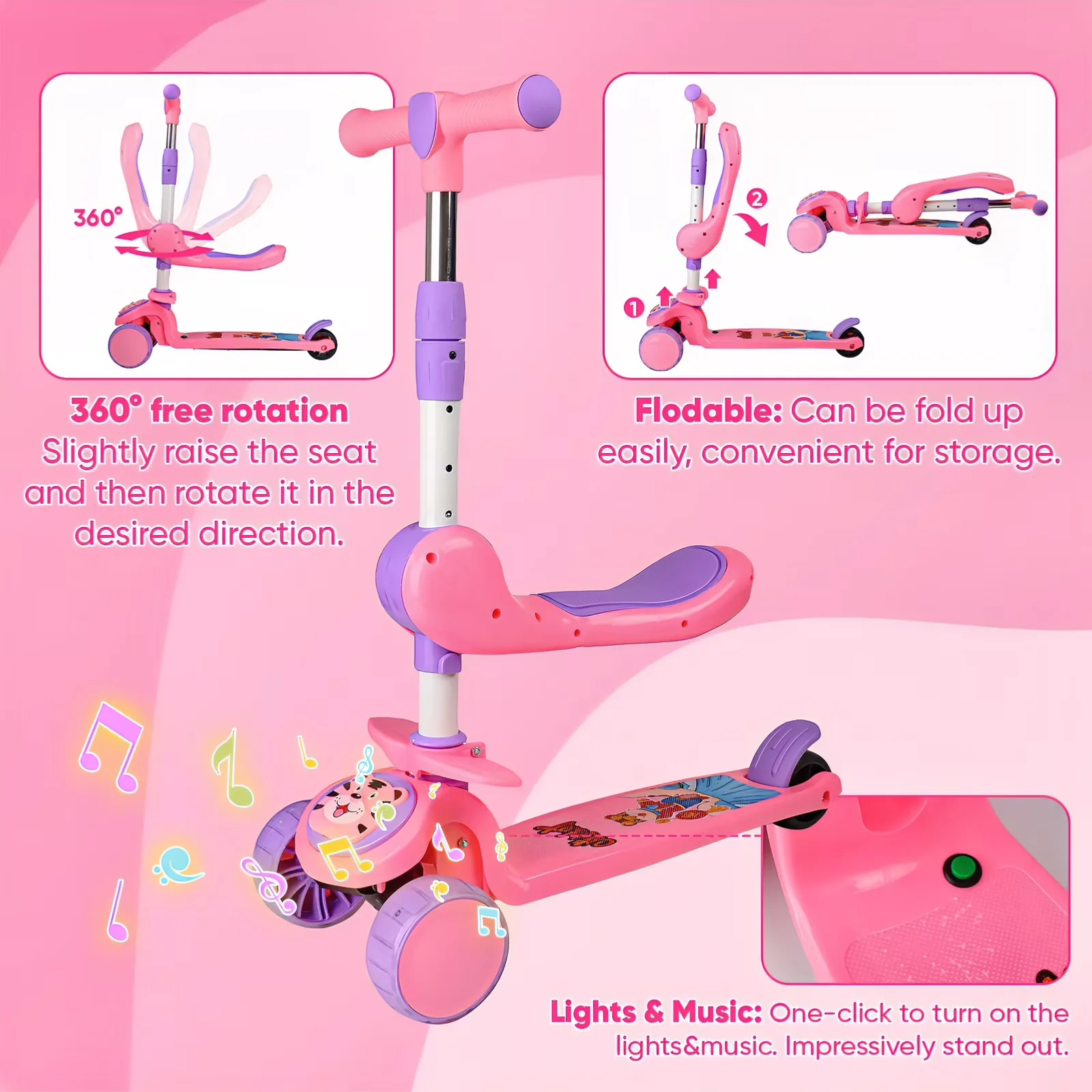 Stylish Scooter with LED, Foldable, Adjustable Seat - High Carbon Steel And Pp Material Pink Model 04D4D1