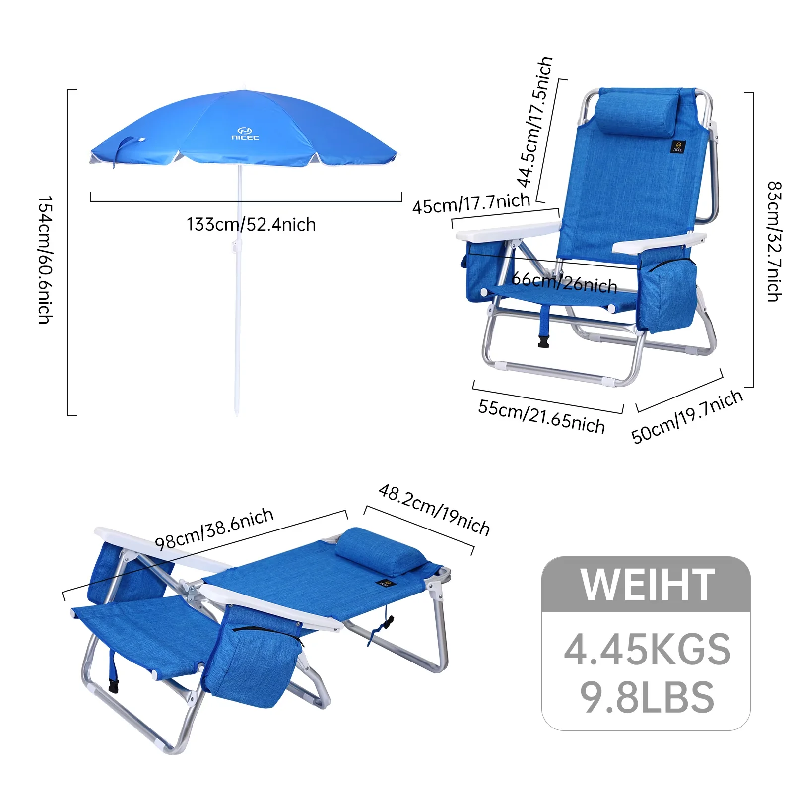 Classic Beach Chair with Adjustable, Folding, Cooler - Blue Polyester Backpack Model BEE5D5