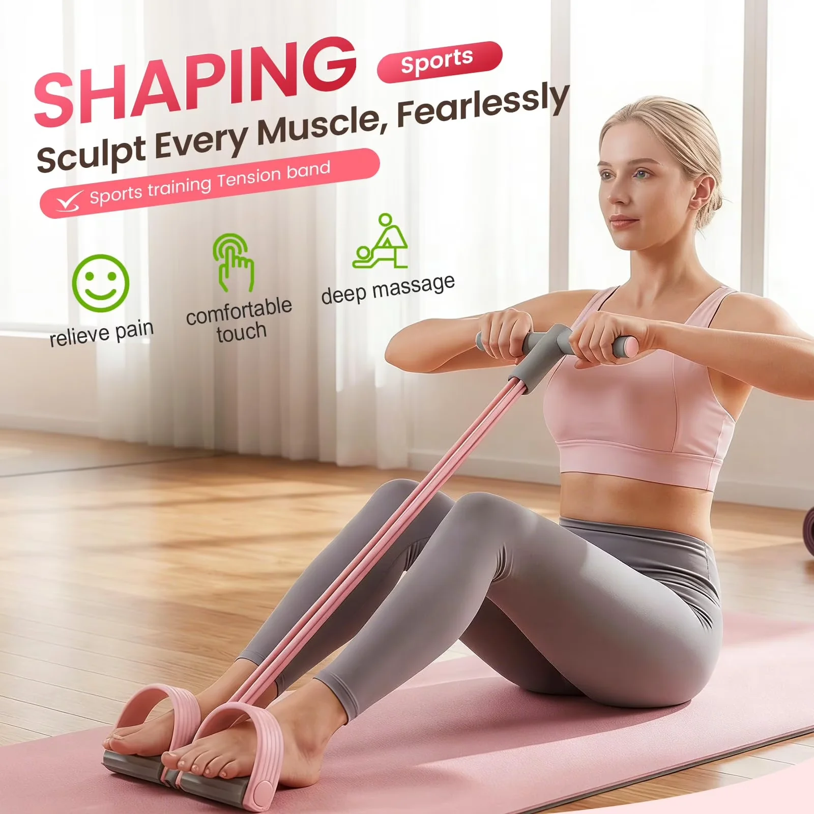 Premium Home Gym with Anti-Slip, Stretching Workout Fitness Bands, Pedal Resistance Bands - Rubber Pink Model 39429D