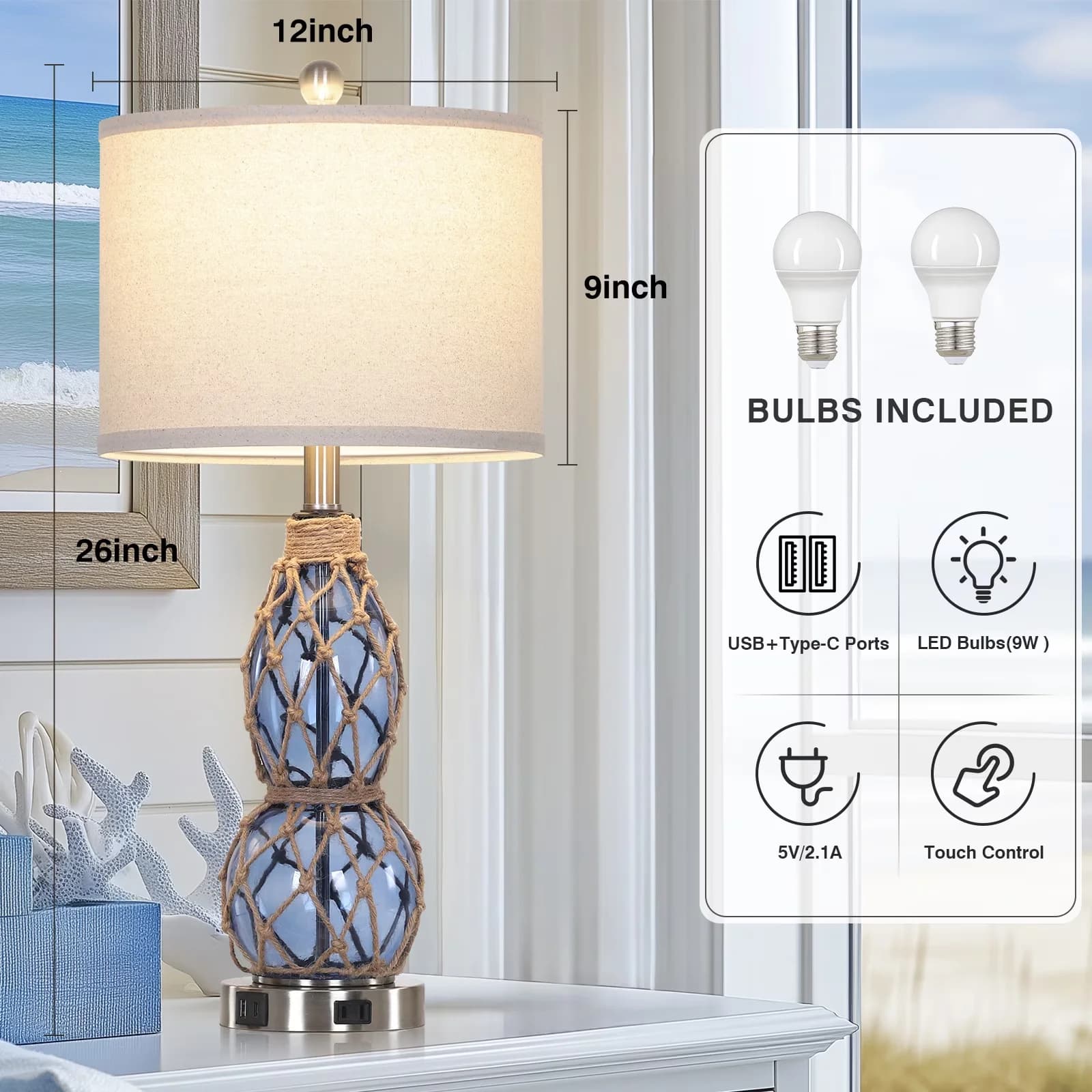 Table Lamp Classic with LED, Smart Compatible - Glass Blue for Living Room, Bedroom Model 14A95A