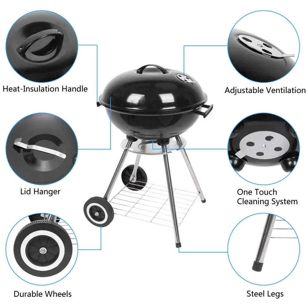 Sleek Charcoal Grill with Rust Resistant - Black Stainless Steel 18 inches Model 63E85F