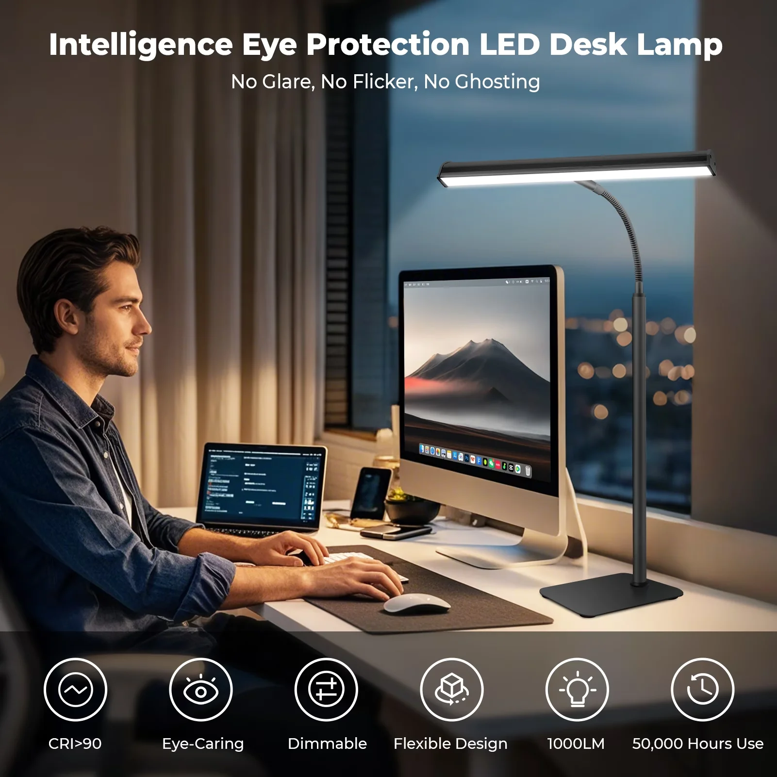 Desk Lamp Sleek with LED, Adjustable Head, 21.5" Adjustable - Aluminium Black Model BBA21D