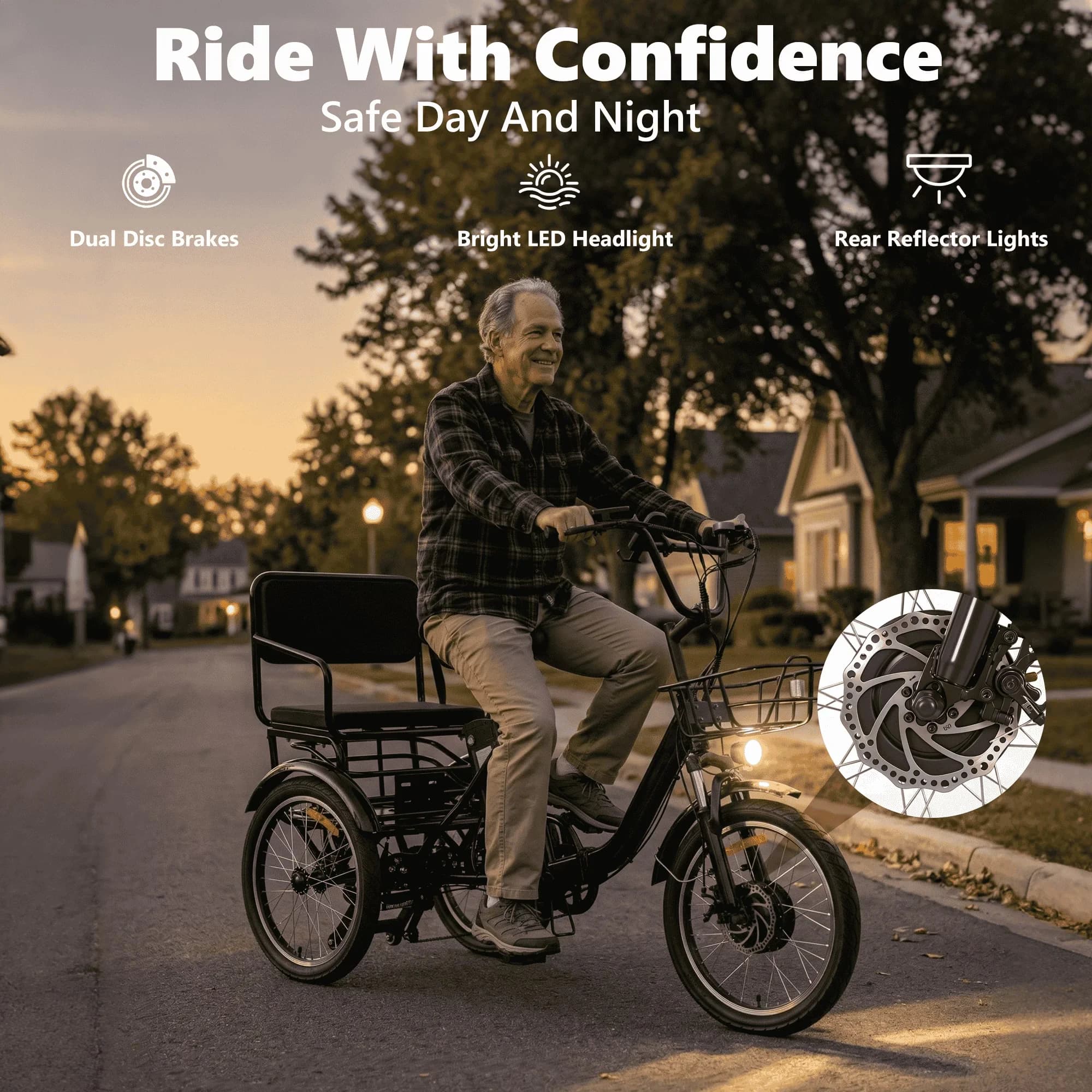 Electric Bike Efficient with 48V, Adjustable Handlebar Height, Two-Seat Tricycle - Black Model EA7312