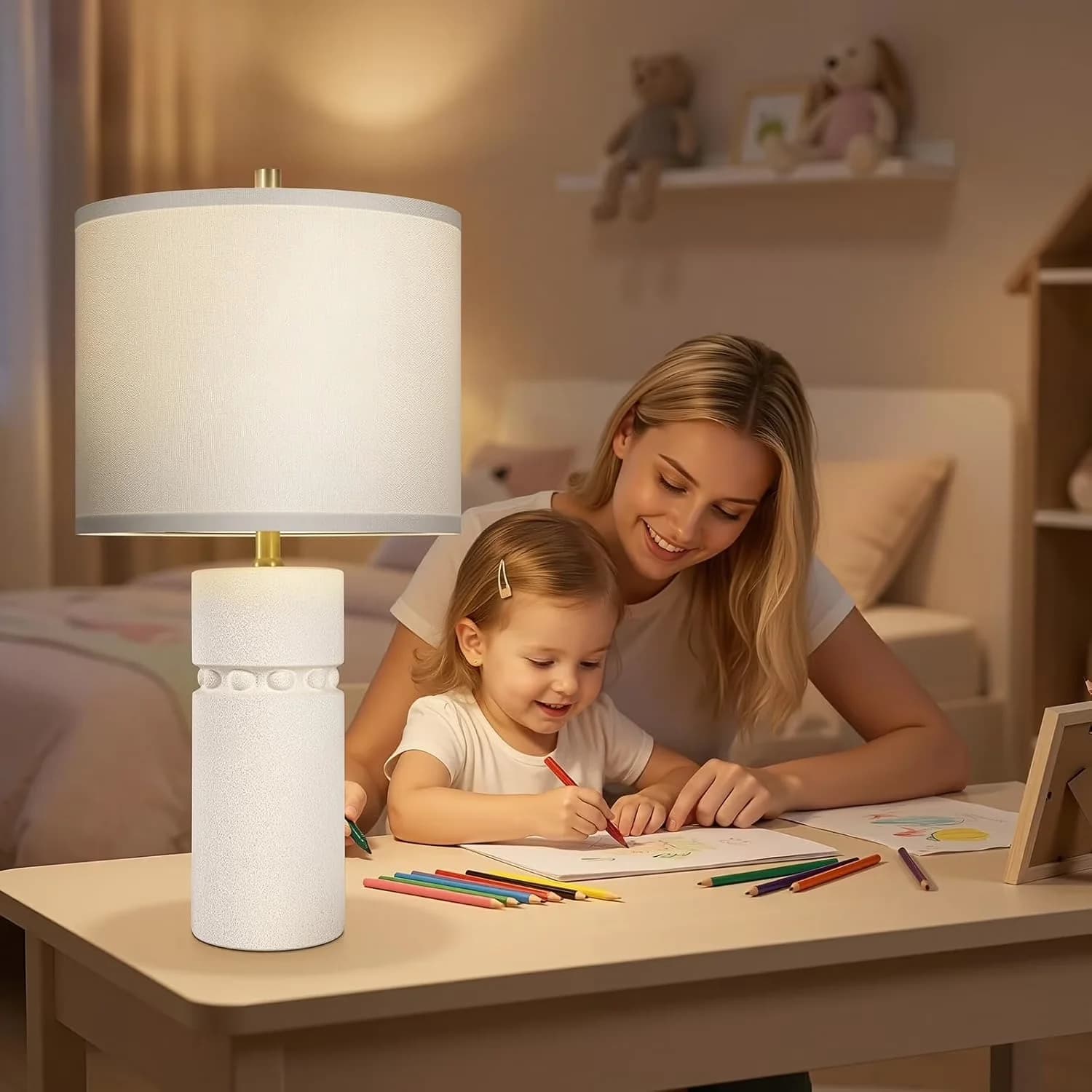Sleek Lamp Set with LED, Farmhouse, Energy Efficient - White Ceramic, Metal for Living Room, Bedroom Model 2A3E9A