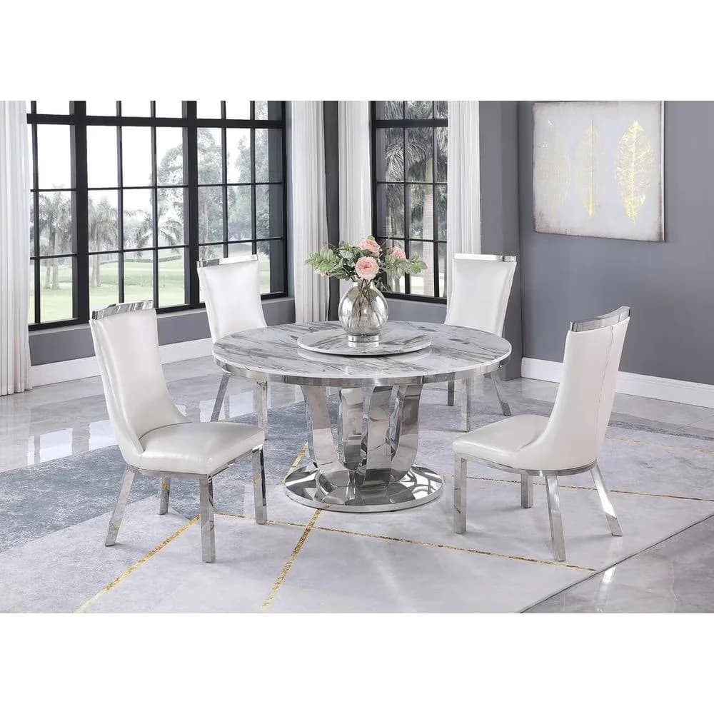 Patio Dining Set Compact with Faux Leather, Silver Stainless Steel, Round White Marble 5pc - Marble White Model 9254FD