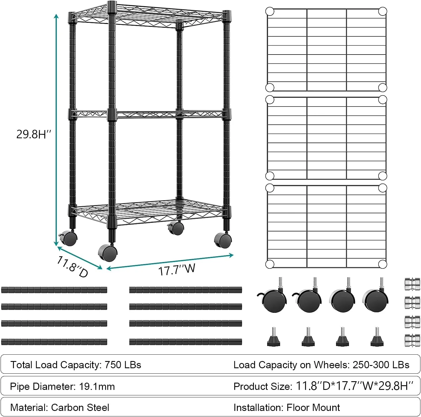 Garage Storage Supply Stylish with Adjustable, Modern, 3-Tier Wire Shelving Unit - Wire Black Model F8E363