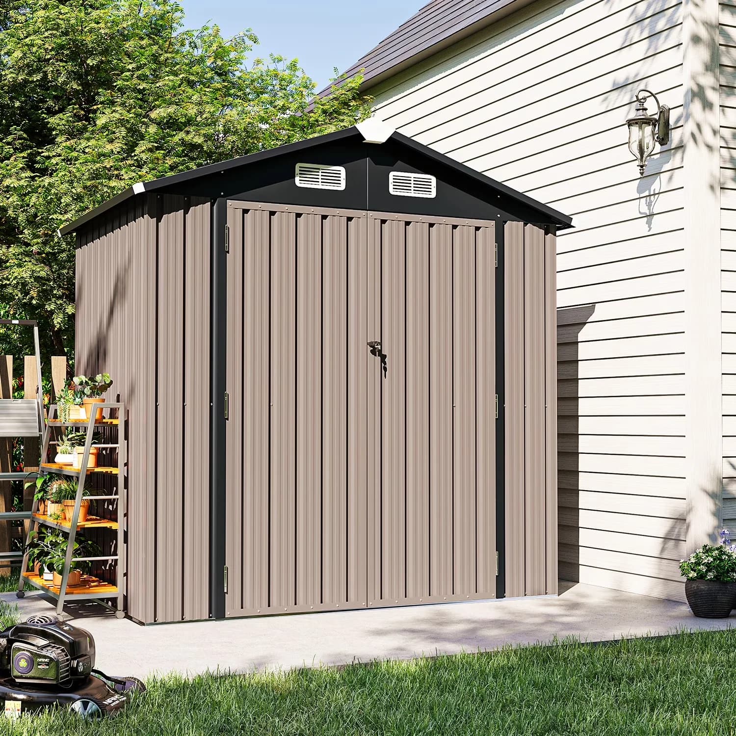 Shed Efficient with Uv Resistant, Lockable Door and Vents, Metal Tool - Brown Metal Model 58C6B7