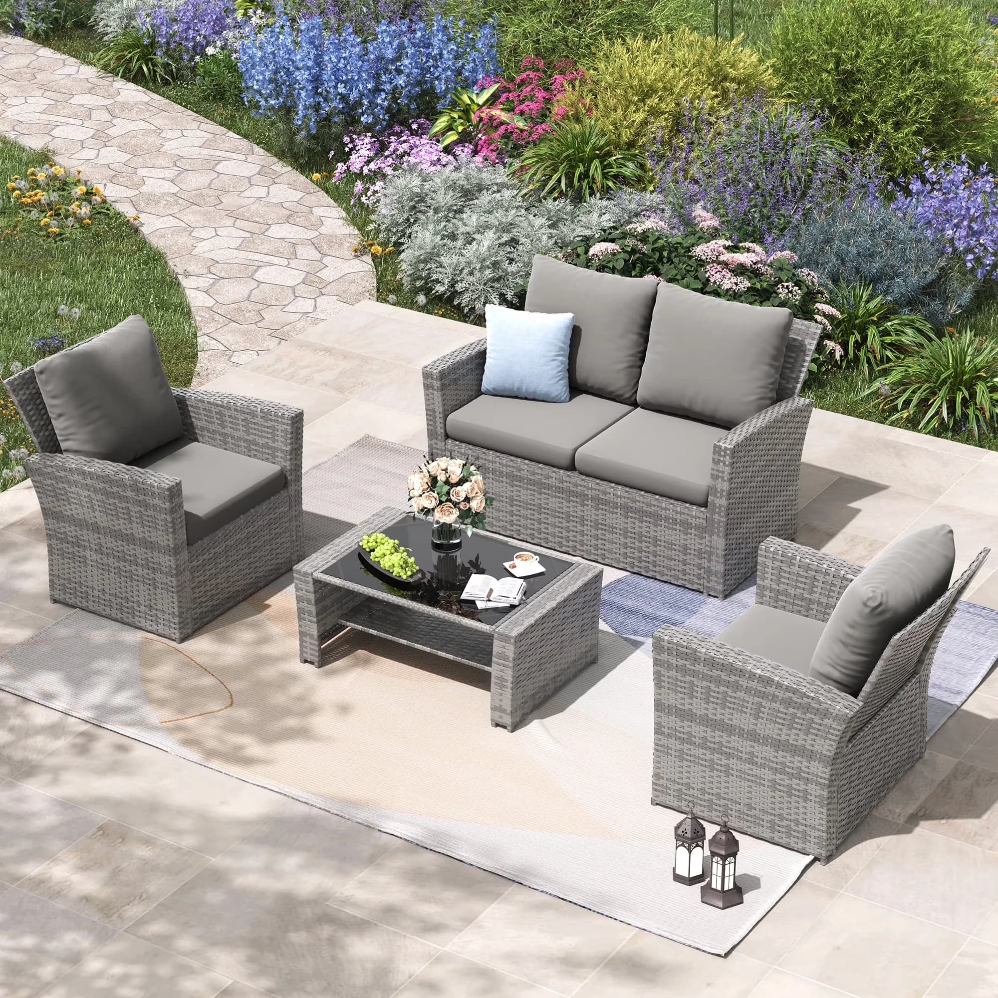 Modern Patio Conversation Set with Outdoor Furniture, Outdoor Sectional Sofa - Wicker Gray Model 6272AF