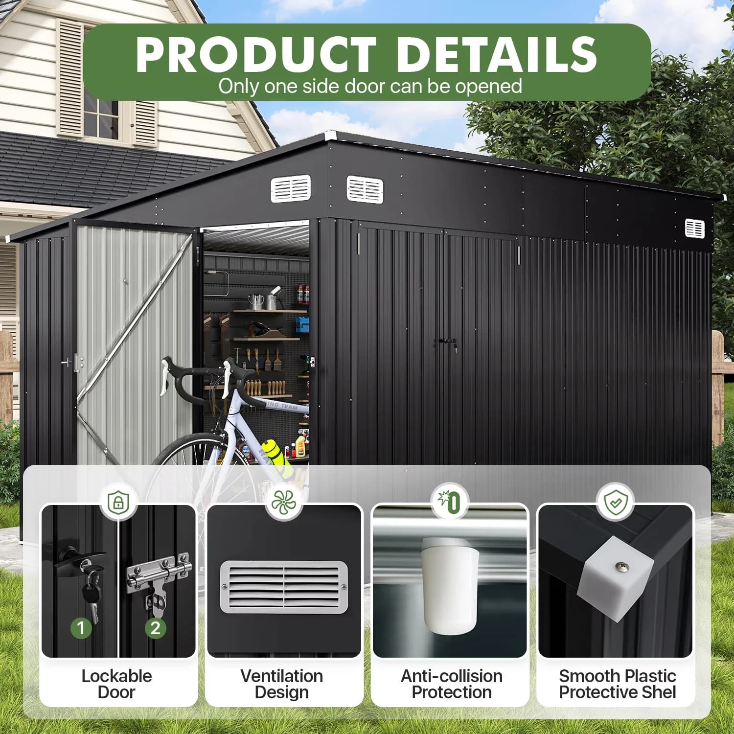 Premium Shed with Rust Resistant, Lockable Door, Outdoor Lockable - Metal Black for Garden, Patio Model 2516E5