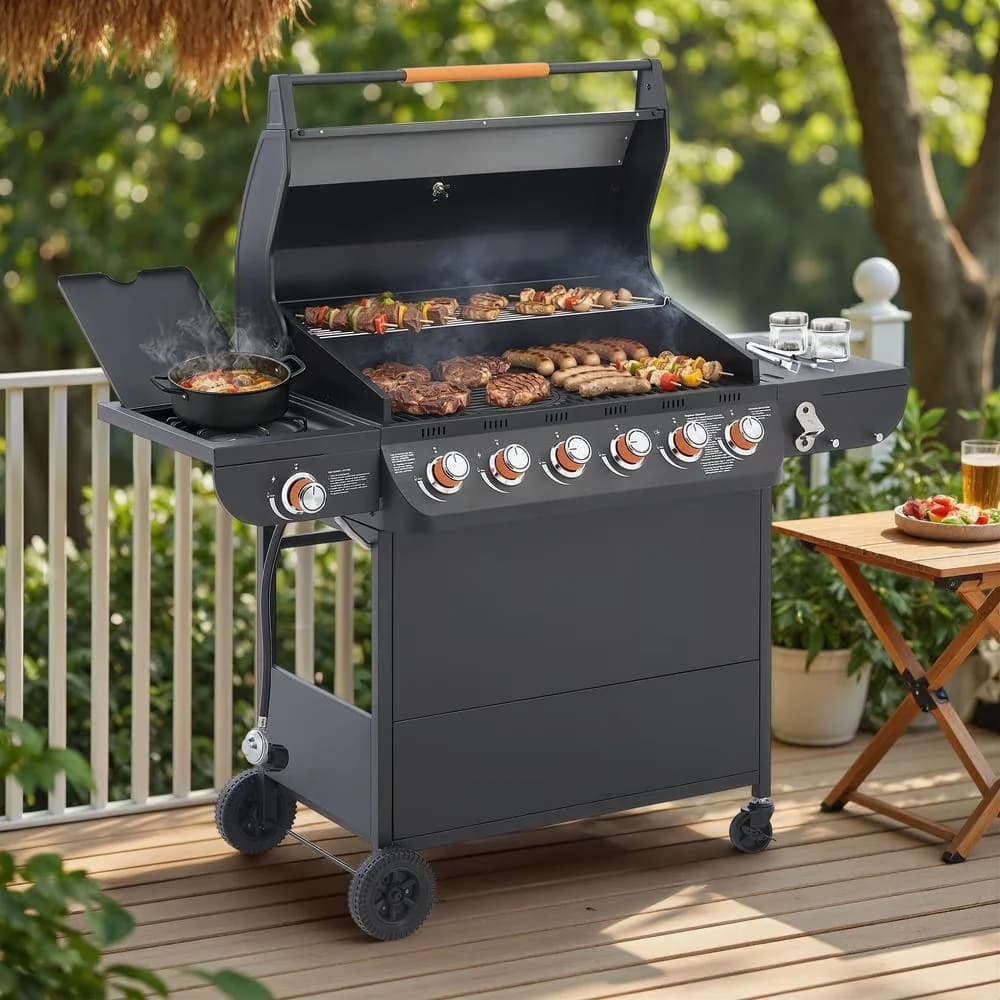 Compact Gas Grill with 72000 BTU, Portable, 6-Burner Barbecue - Steel Black Model D3D624