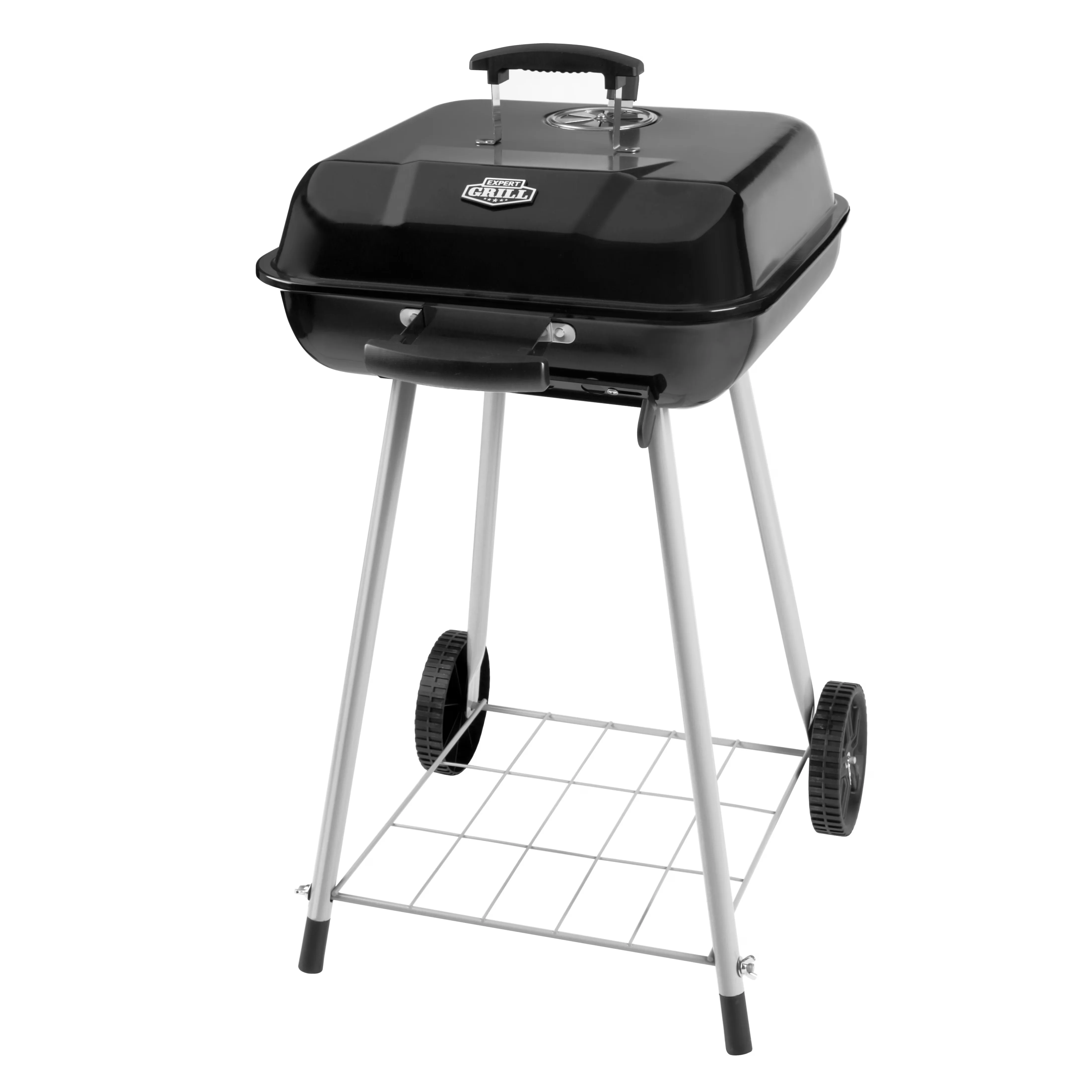 Professional Charcoal Grill with Portable, Wheels and Adjustable Dampers, Porcelain coated steel charcoal grid - Stainless Steel Model E41B13