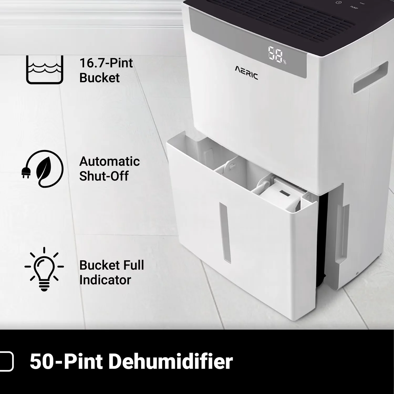 Classic Dehumidifier with Energy Efficient, 50-Pint 4500 Sq Ft Large Portable - White Model 845FD7