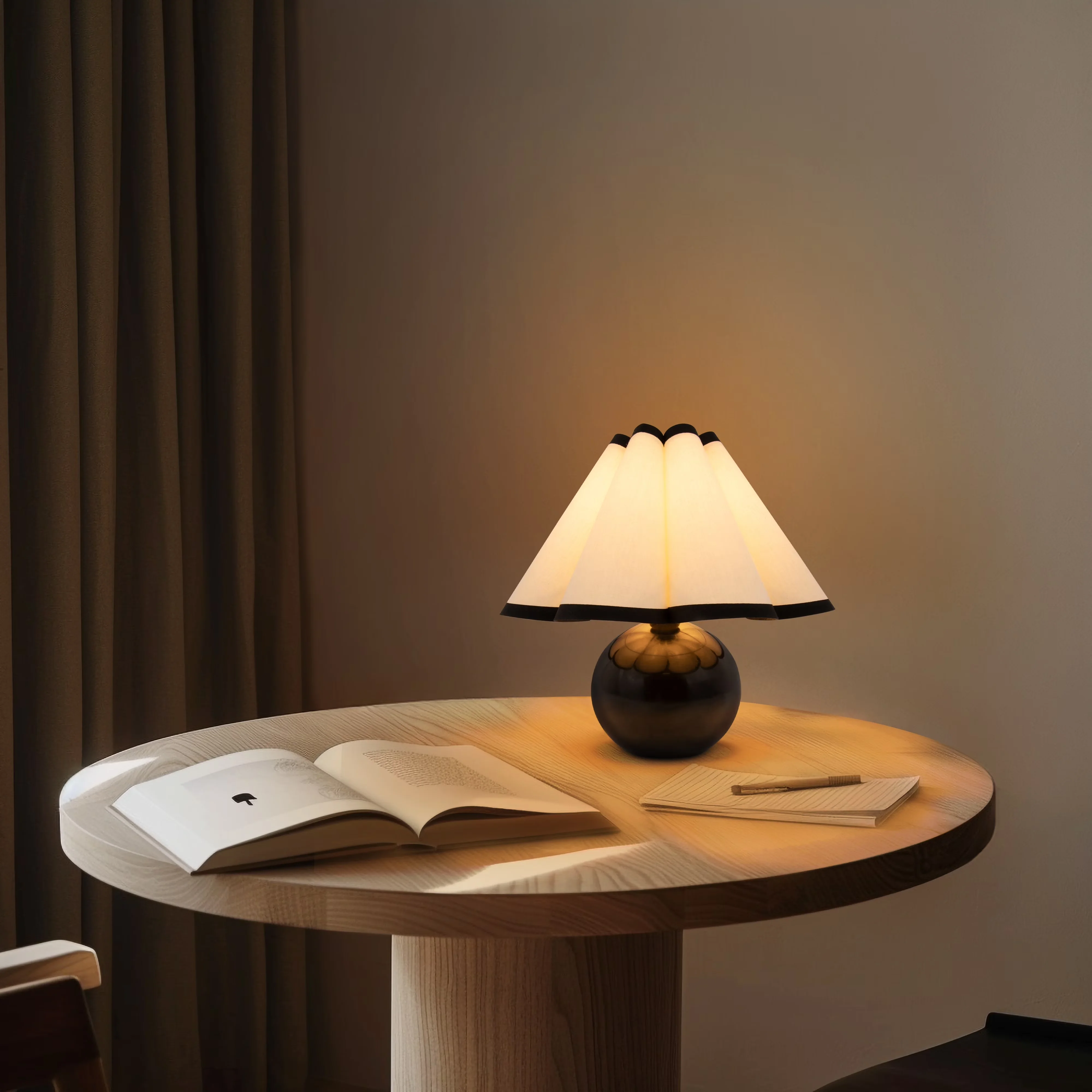 Modern Desk Lamp with LED, Mid-Century, Dimmable - Marble, Ivory Cotton Pleated Empire Shade Black Model 163488