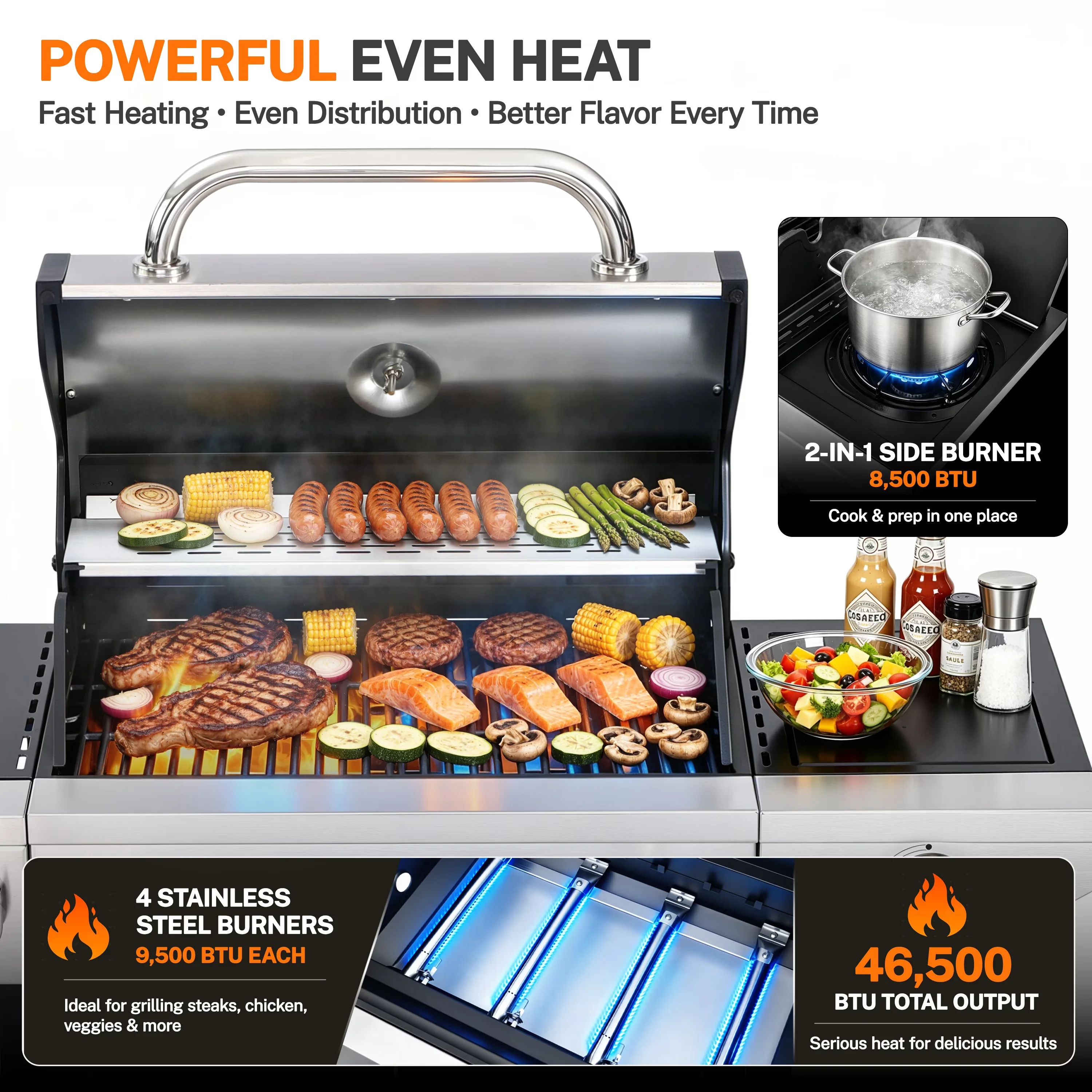 Durable Gas Grill with 46500 BTU, Heat Thermometer, Warming Rack - Stainless Steel, Porcelain-Enameled Cast Iron Model DCA04B