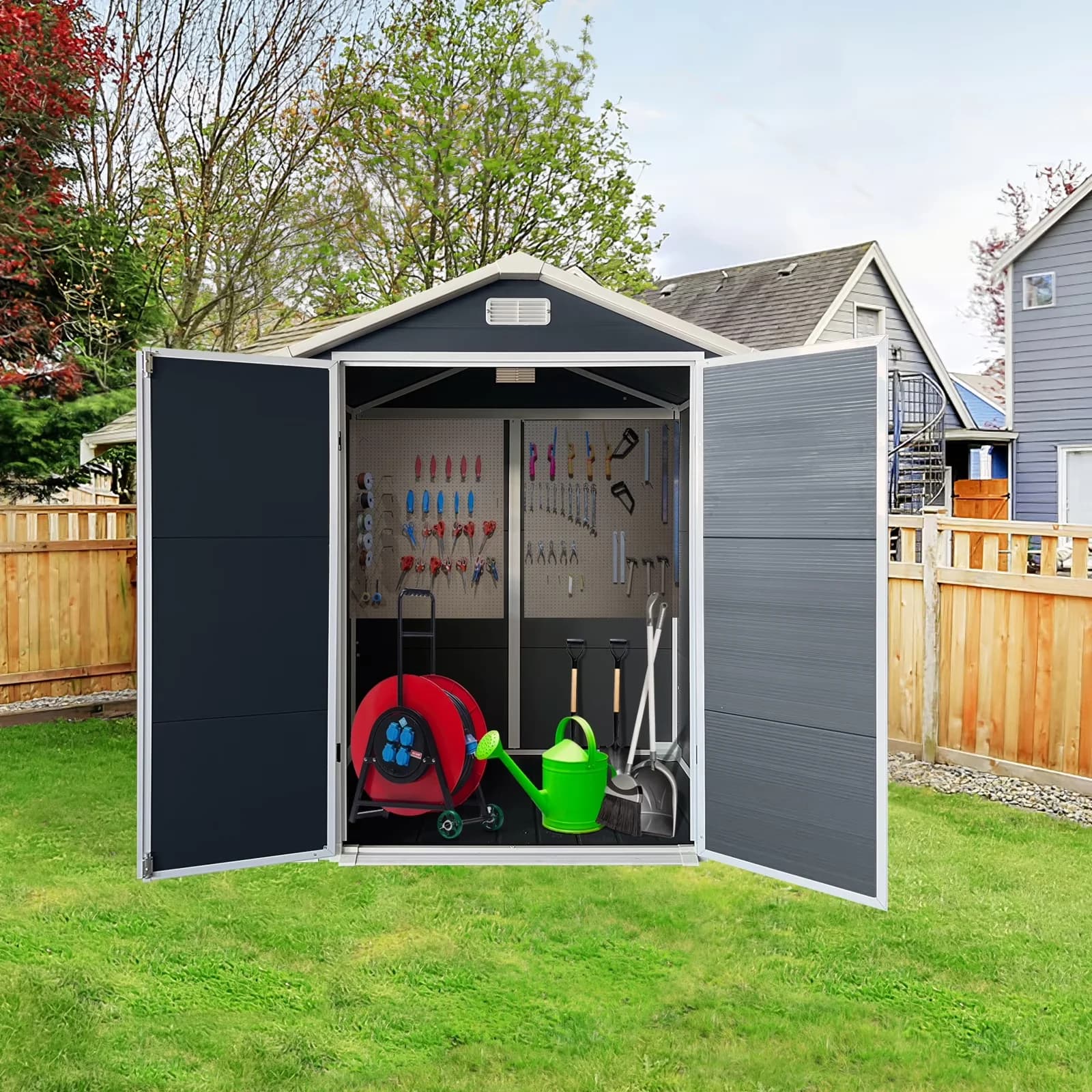 Sleek Shed with Mold Resistant, 6ft x 4ft Plastic Outdoor Storage, Floor and Lockable Door Plastic Garden - Gray Plastic Model 90D2A4