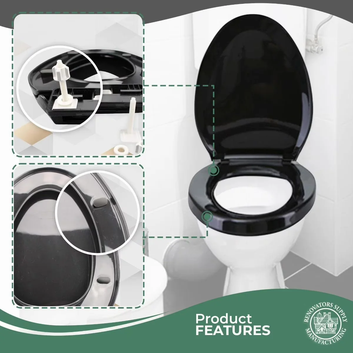 Essential Toilet Seats And Lid with Soft Close, Slow-Close Lid, Adjustable - Plastic Black Model C9417E
