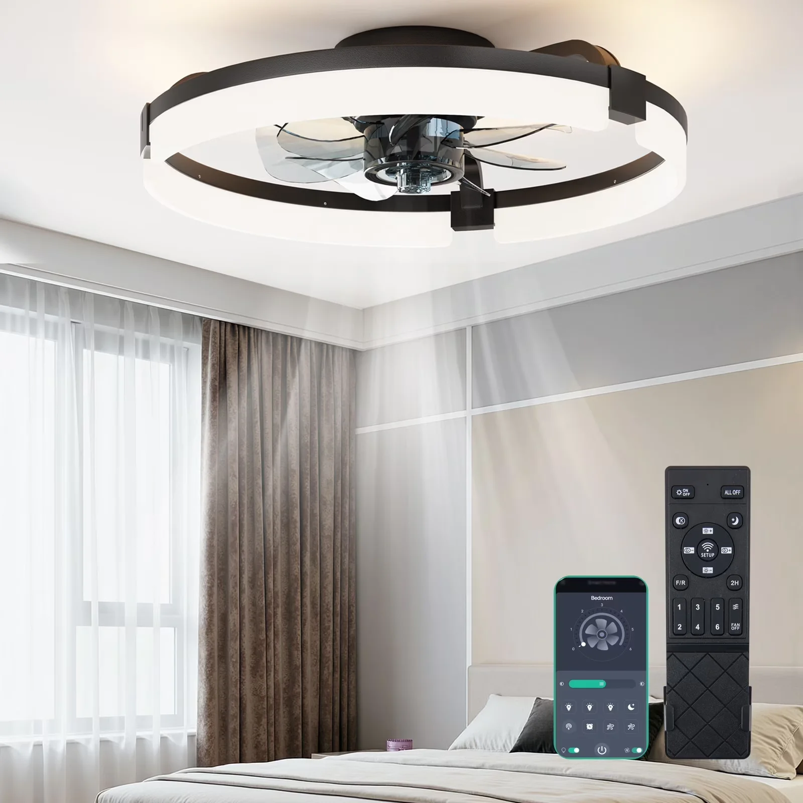 Ceiling Fan Innovative with LED, Remote Controlled - Black Plastic for Bedroom Model 29767C