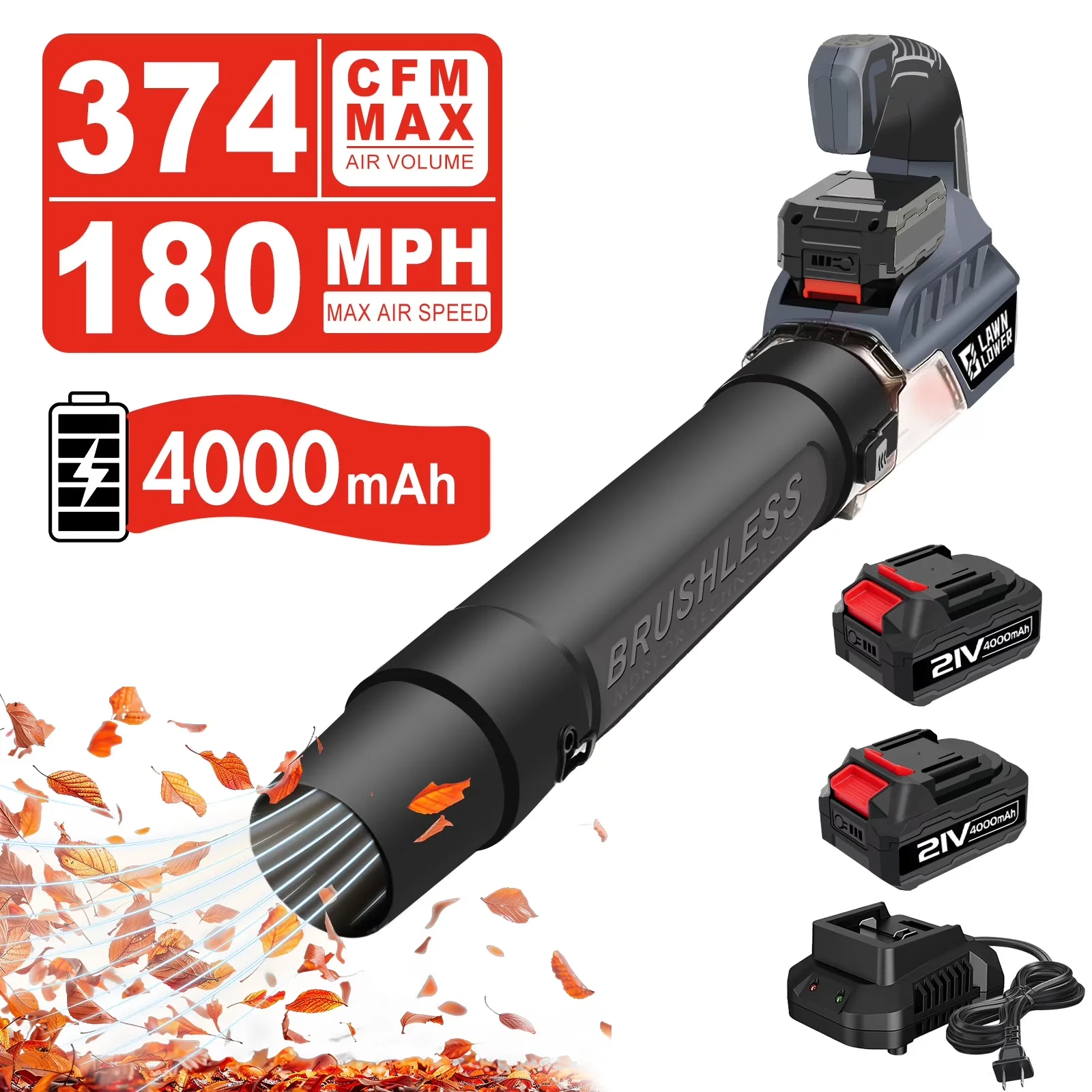 Reliable Leaf Blower with Battery, Brushless Motor, 2X4.0Ah Batteries - Quality Construction Model 4ED9D7