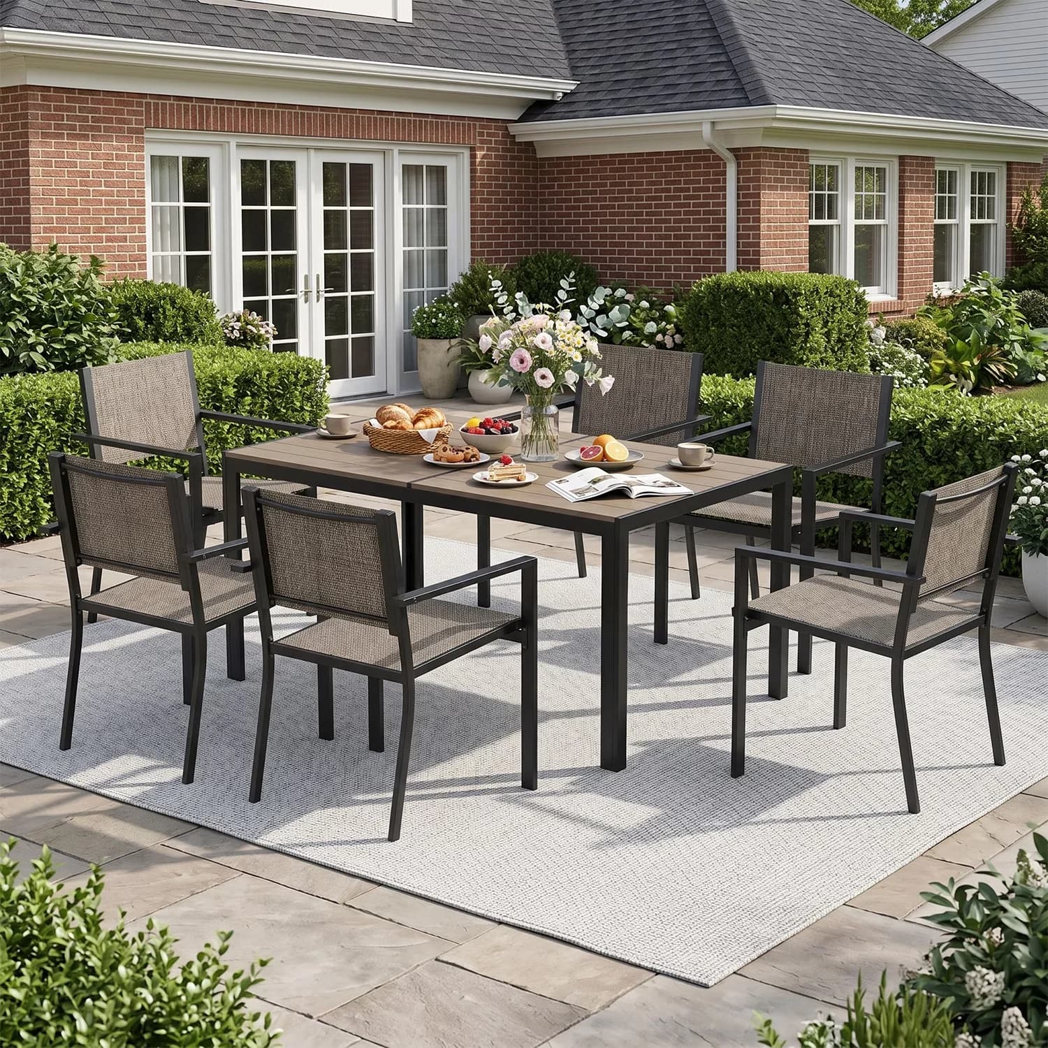 Efficient Patio Dining Set with Modern, 7-Piece, Textilene Outdoor Table and Chairs - Metal Brown Model A373D9