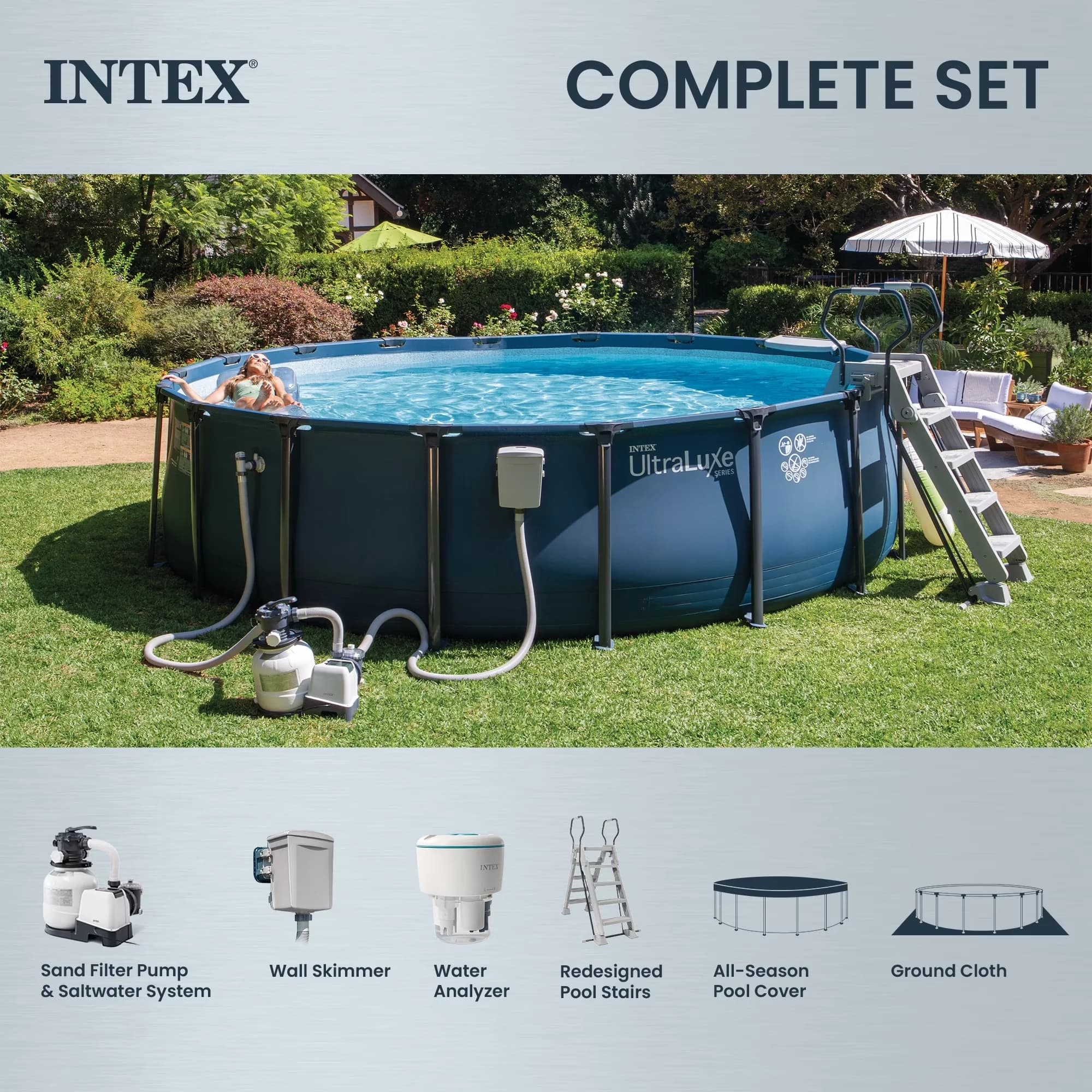 Professional Above Ground Pool with Puncture Resistant, & Saltwater System - Blue Model E74F21