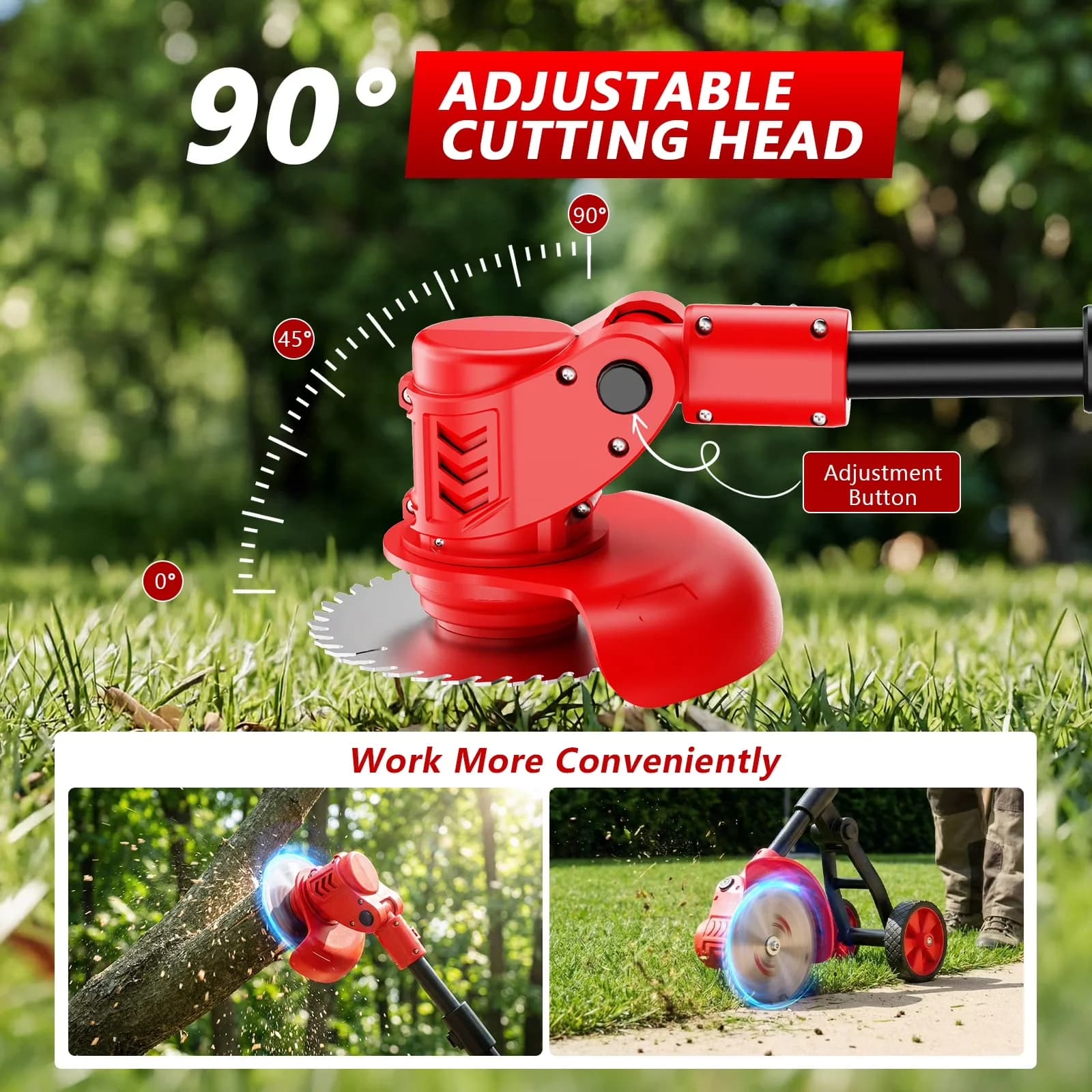 Premium String Trimmer with Battery, Brushless, Metal Wheels - Red for Garden Model 34F83F