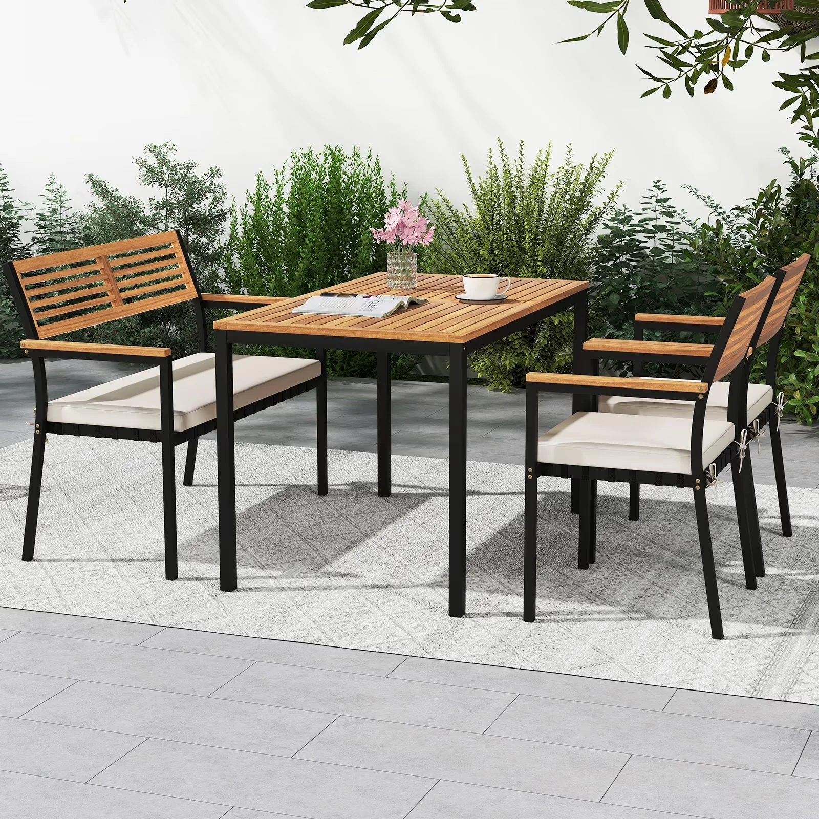 Quality Patio Dining Set - Black Acacia Wood, Metal, Weaving Ropes, Polyester Fabric, Sponge Model 5F6495