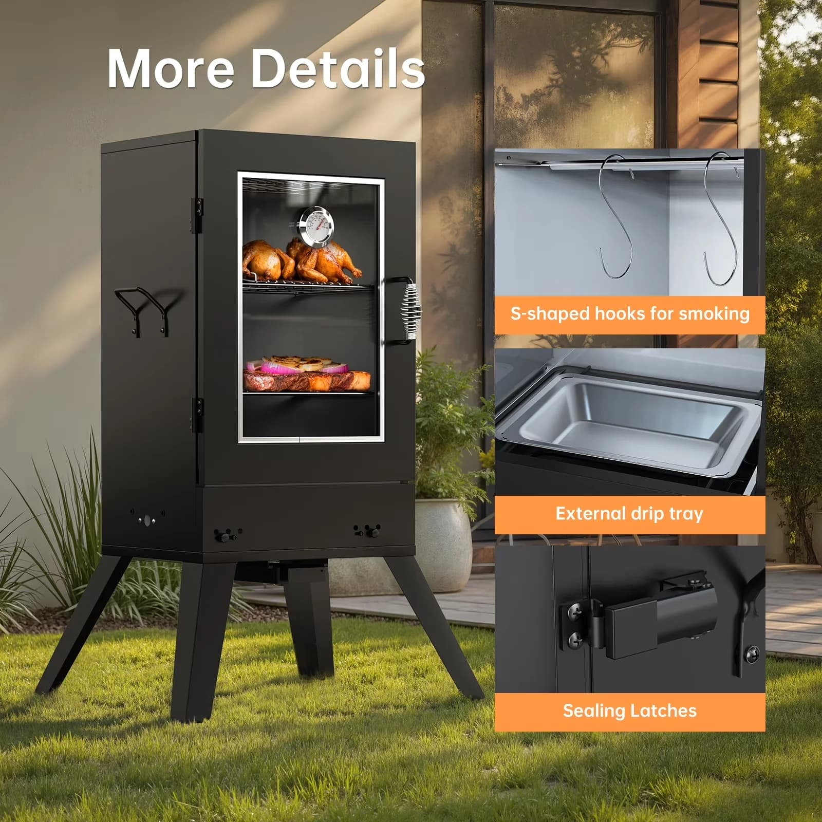 Compact Smoker with Water Smoker, Digital Temperature Control, Window - Black Iron , Chrome-Plated Iron Wire Model 7E3477