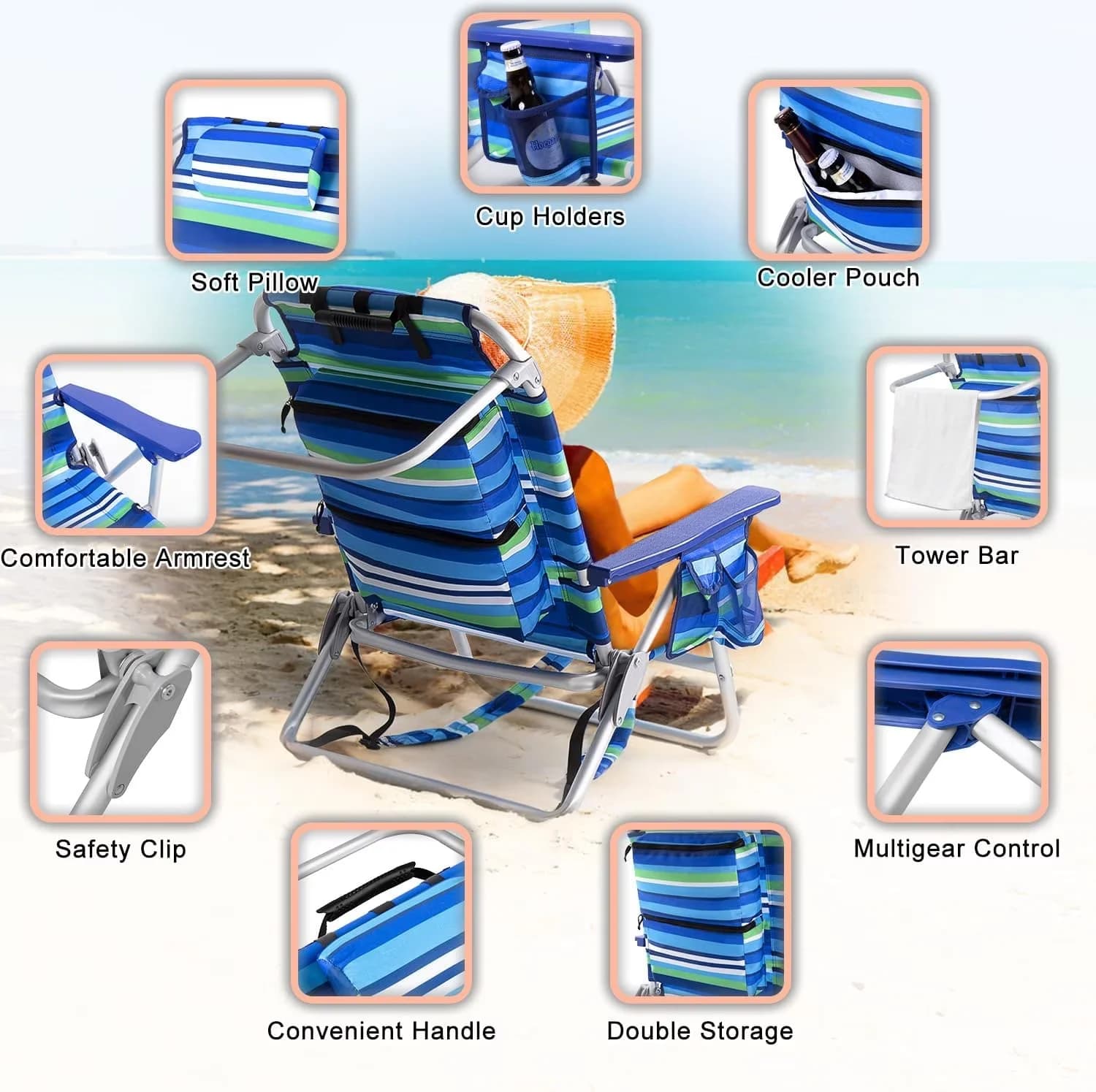 Essential Beach Chair with Adjustable, Backpack Chairs - Oxford Cloth, Aluminum Green for Camping Model E7A37B
