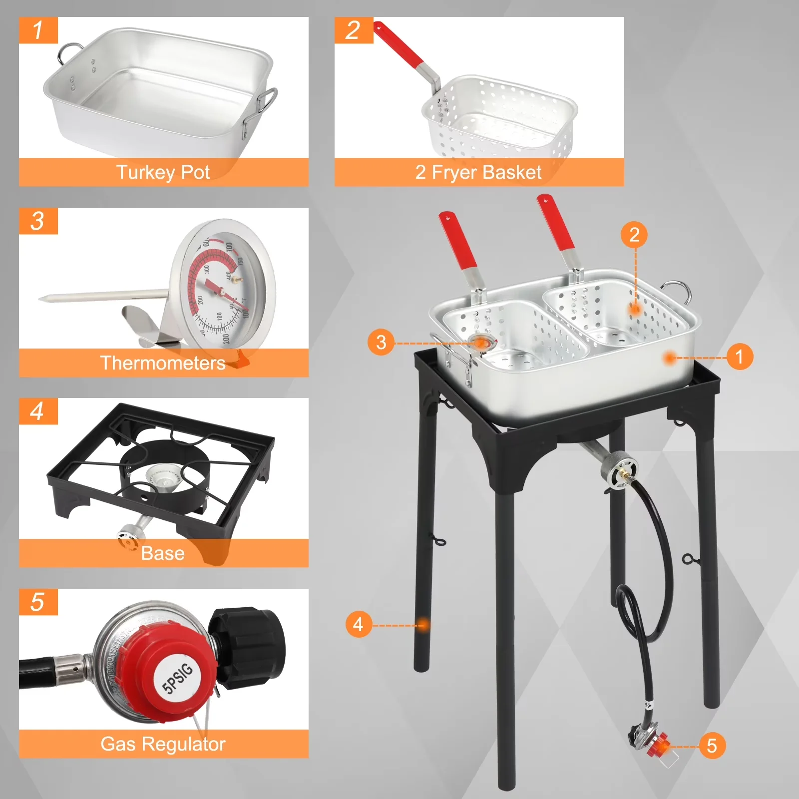 Outdoor Fryer Quality with Adjustable Regulator, 18 Qt. Propane Deep - Silver Aluminum, Aluminum Alloy, Steel Model 7E05D6